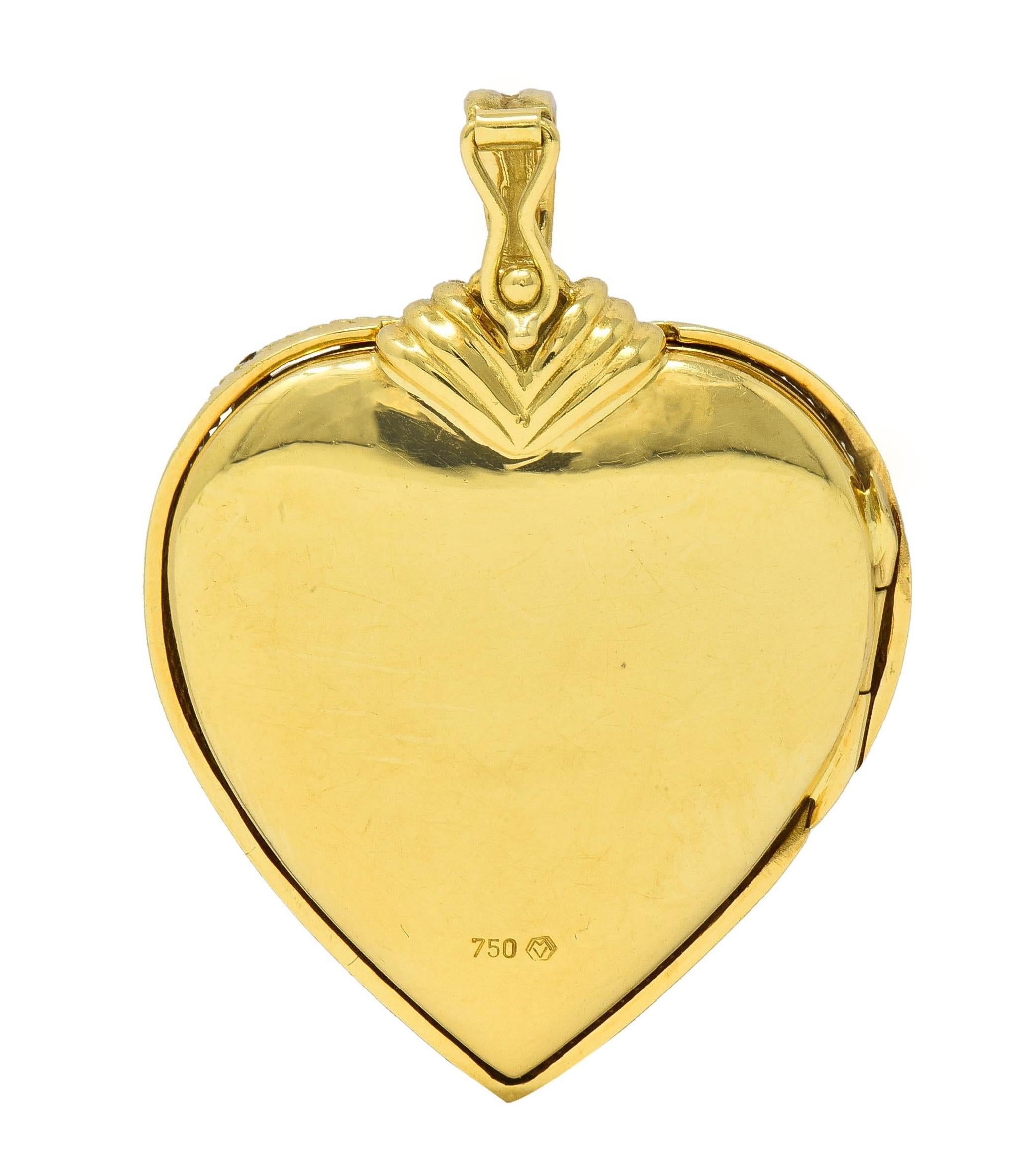 Victor Mayer Diamond Enamel 18 Karat Yellow Gold Vintage Heart Locket Pendant In Excellent Condition For Sale In Philadelphia, PA