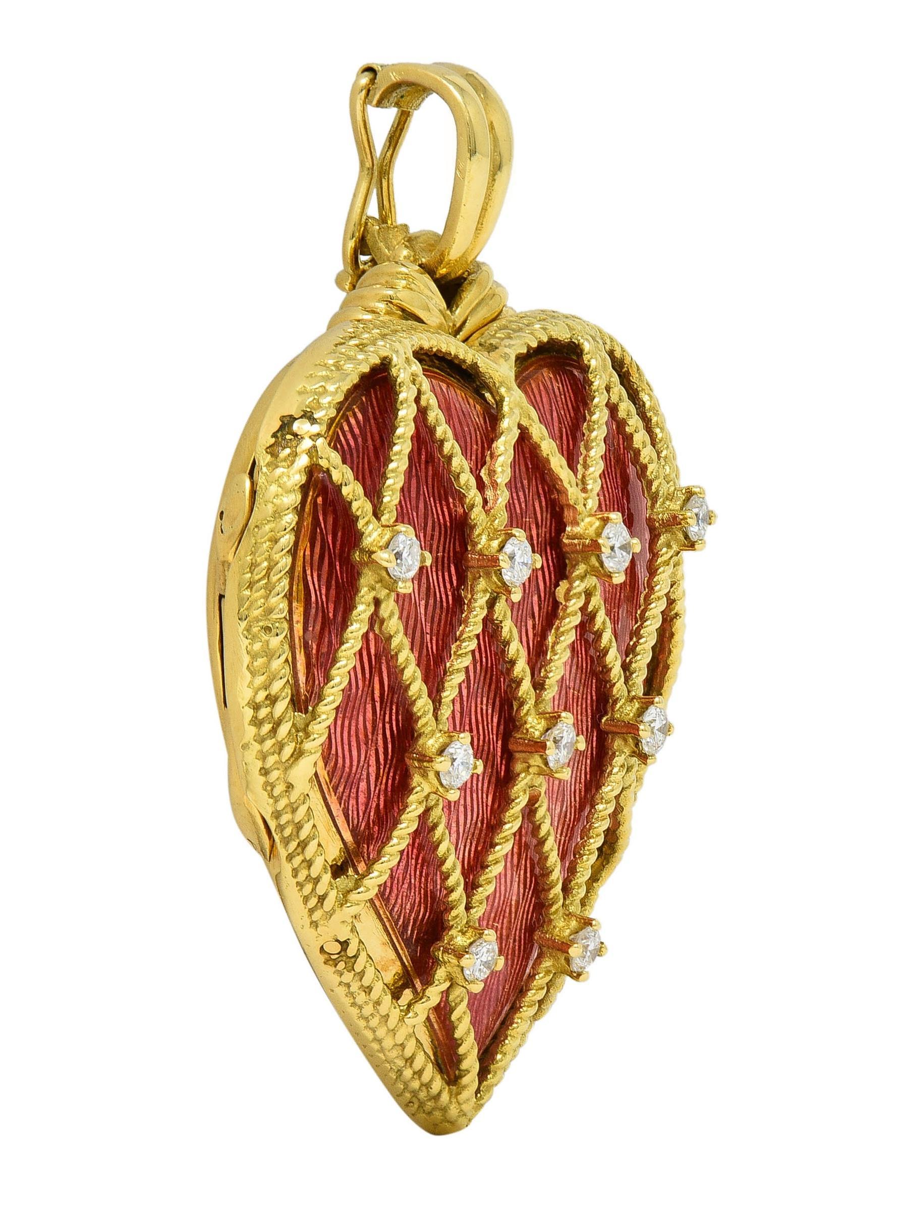 Women's or Men's Victor Mayer Diamond Enamel 18 Karat Yellow Gold Vintage Heart Locket Pendant For Sale