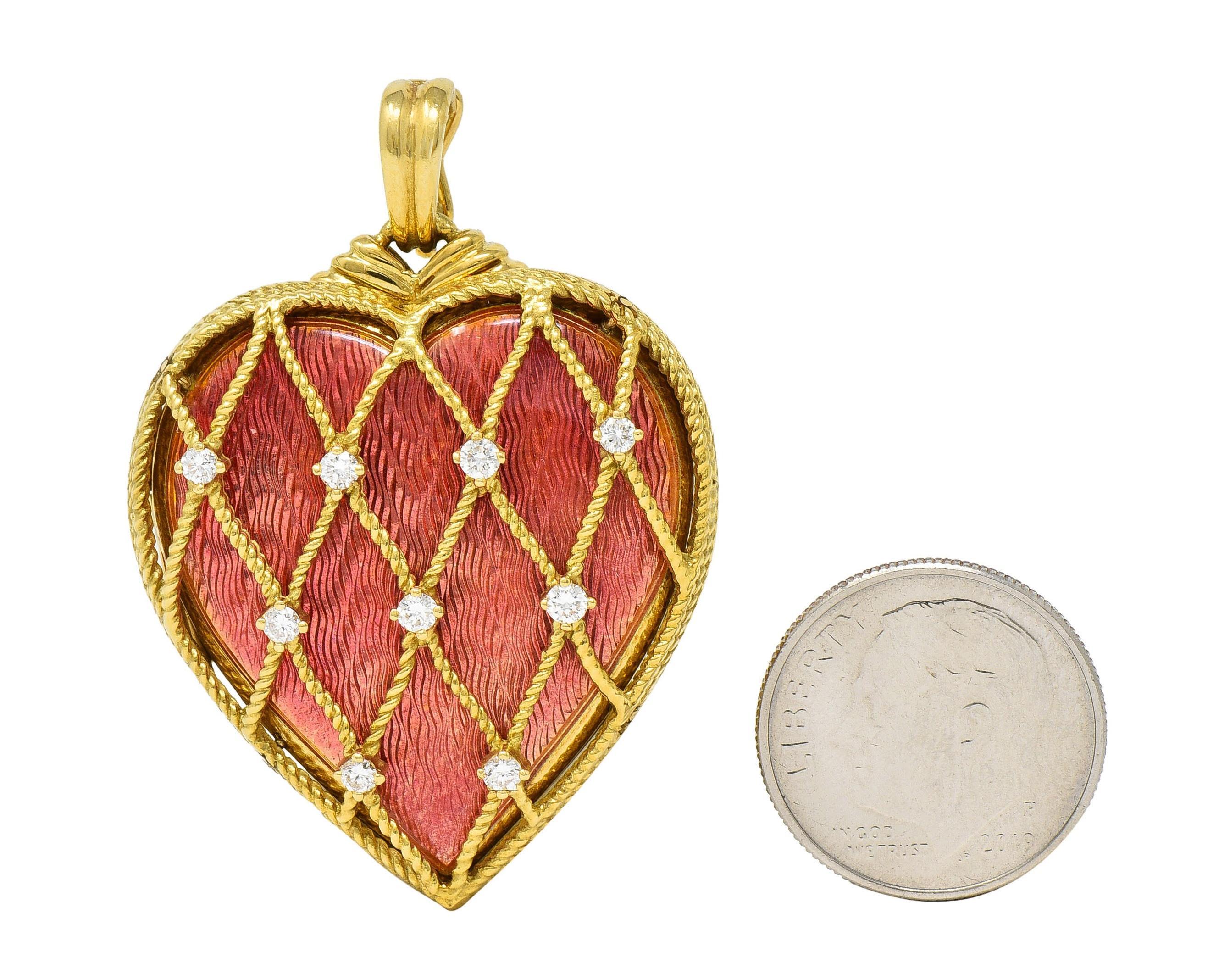 Victor Mayer Diamond Enamel 18 Karat Yellow Gold Vintage Heart Locket Pendant For Sale 2