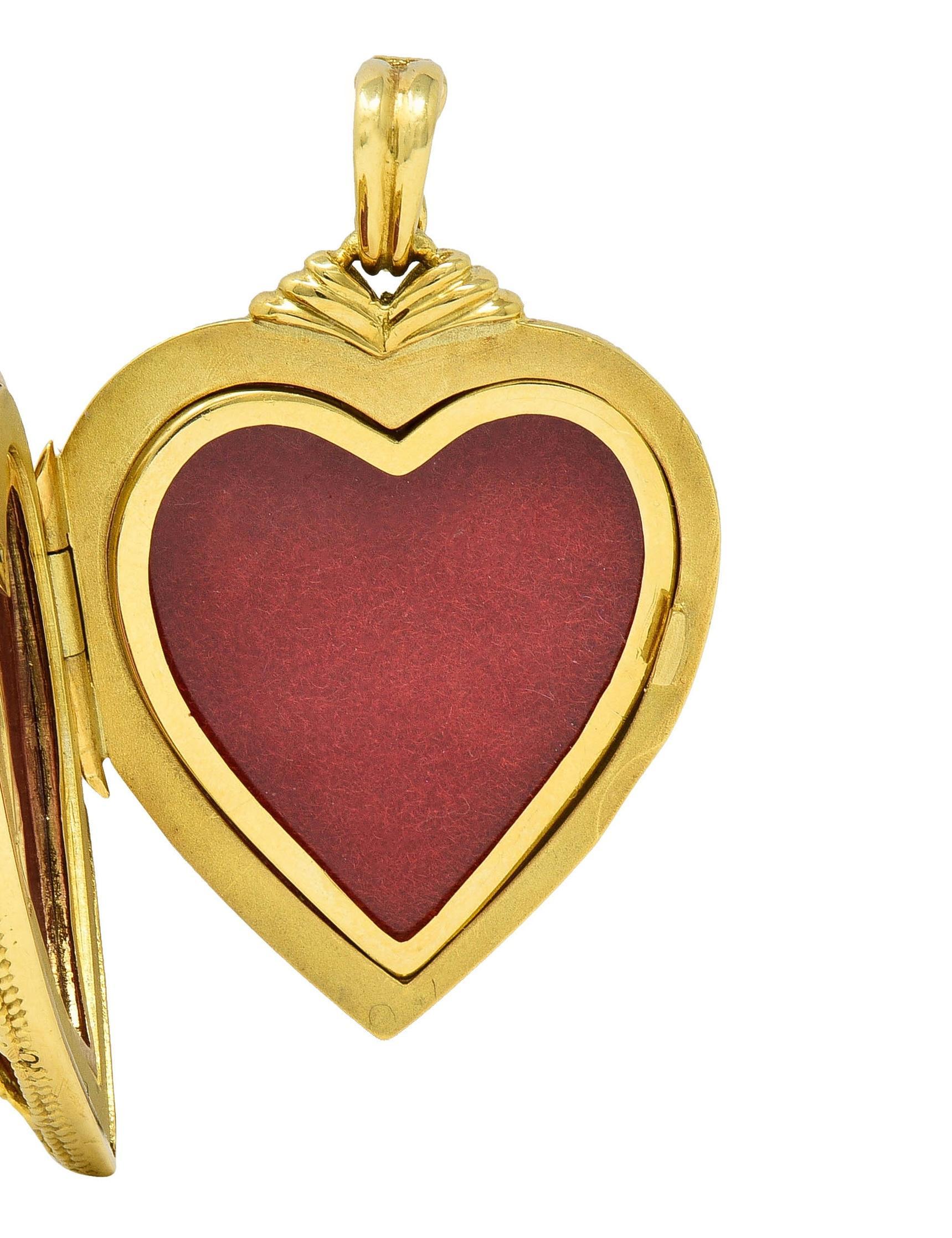 Victor Mayer Diamond Enamel 18 Karat Yellow Gold Vintage Heart Locket Pendant For Sale 3