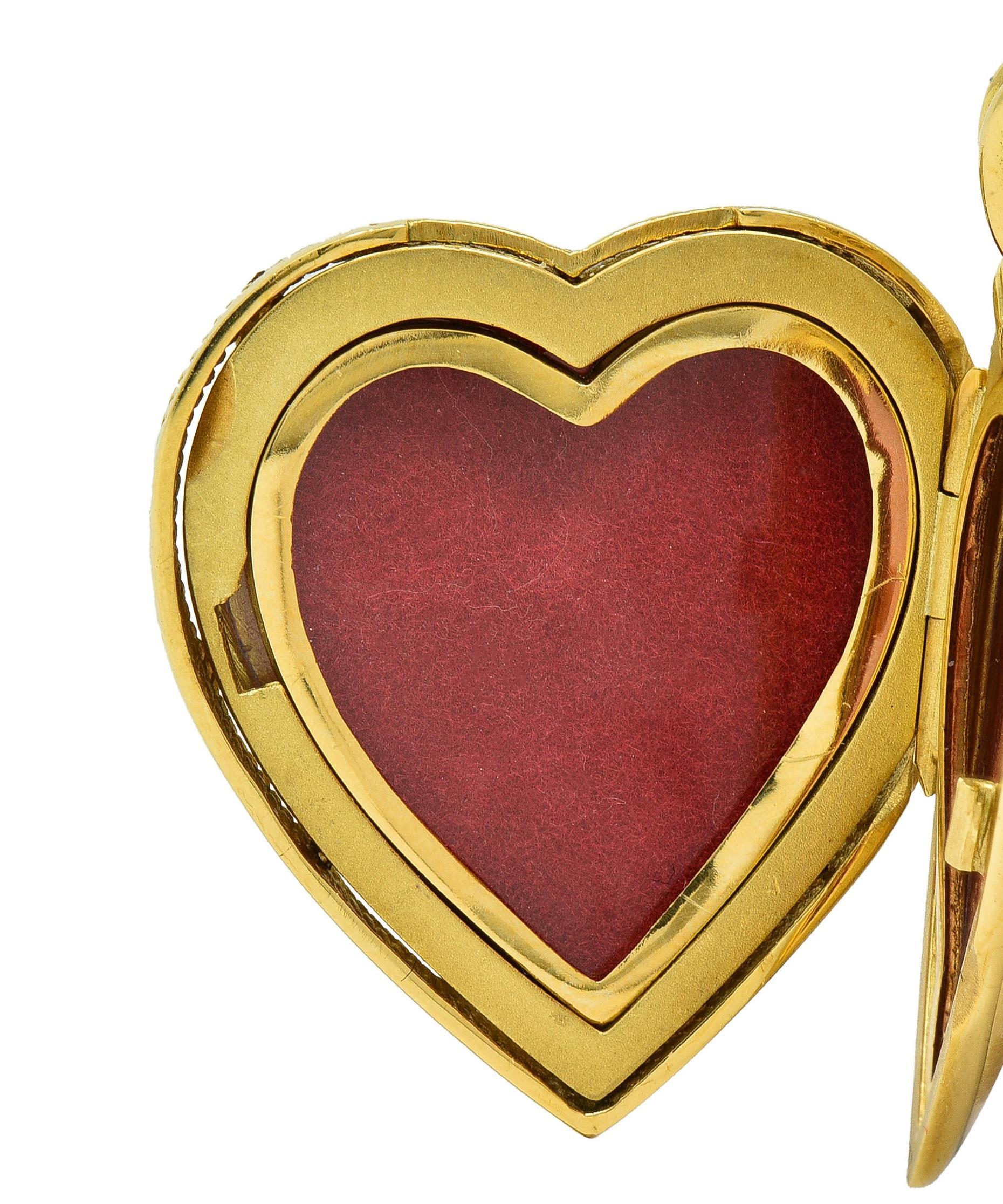 Victor Mayer Diamond Enamel 18 Karat Yellow Gold Vintage Heart Locket Pendant For Sale 4