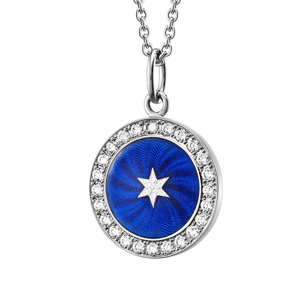 Victorian Pendant with Star 18k White Gold Electric Blue Enamel 24 Diamonds 0.36 ct G VS For Sale