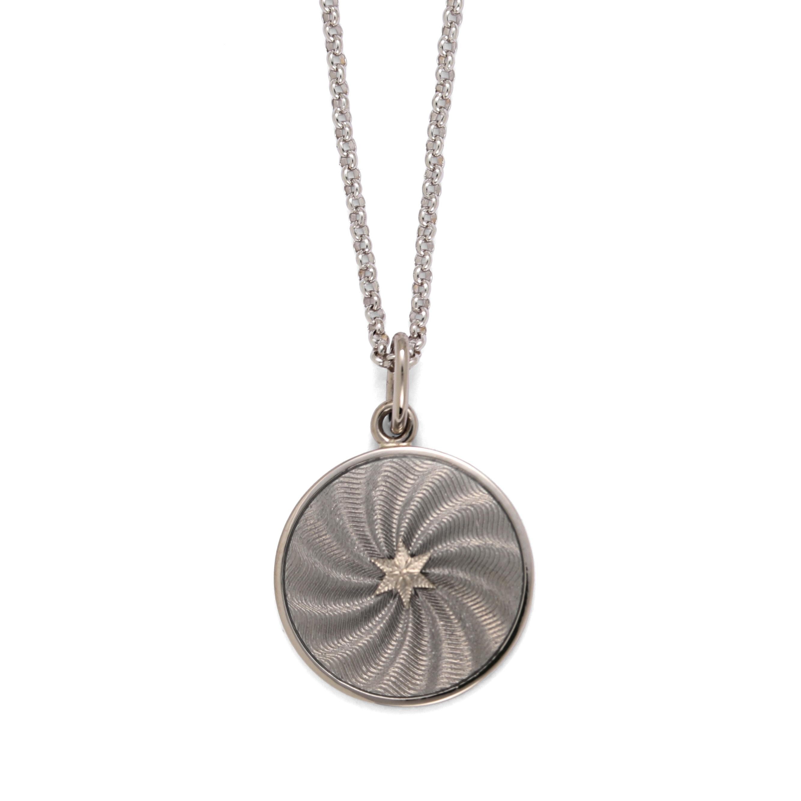 Round Disk Pendant 18k White Gold Silver Vitreous Enamel Guilloche Gold Paillons For Sale 4