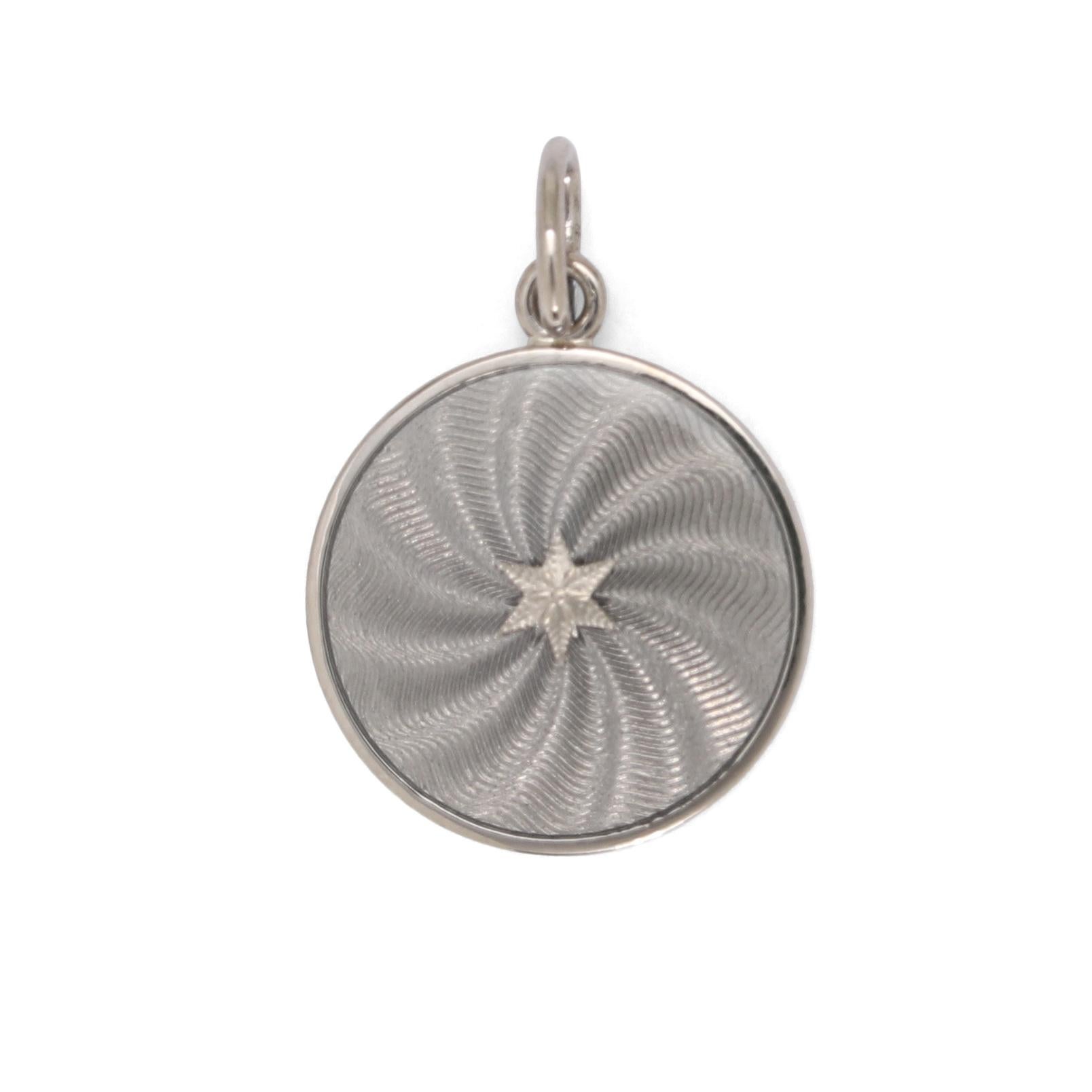 Round Disk Pendant 18k White Gold Silver Vitreous Enamel Guilloche Gold Paillons For Sale 2