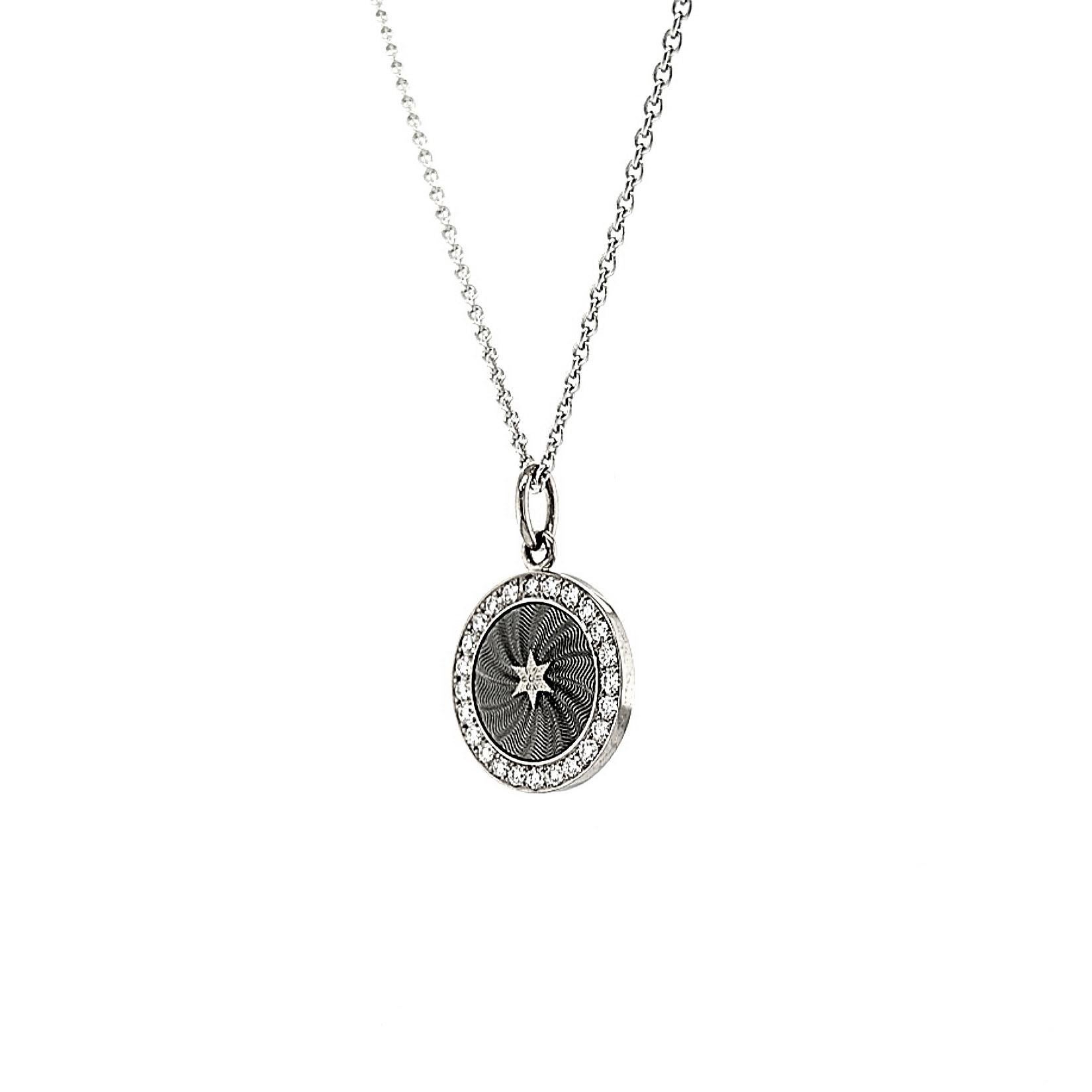 Round Disc Pendant with Star 18k White Gold Silver Enamel 24 Diamonds 0.36 ct For Sale 5