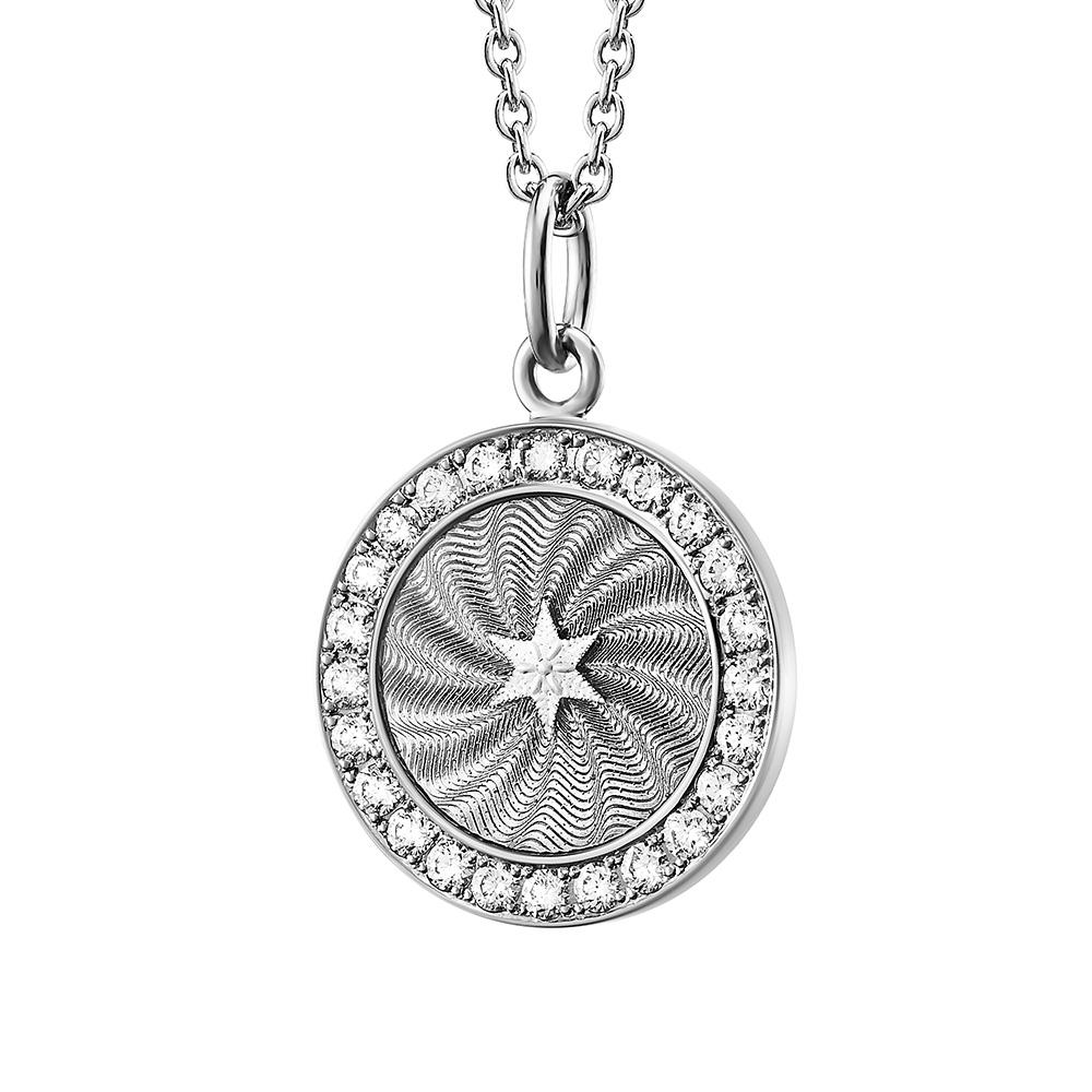 Round Disc Pendant with Star 18k White Gold Silver Enamel 24 Diamonds 0.36 ct For Sale 4