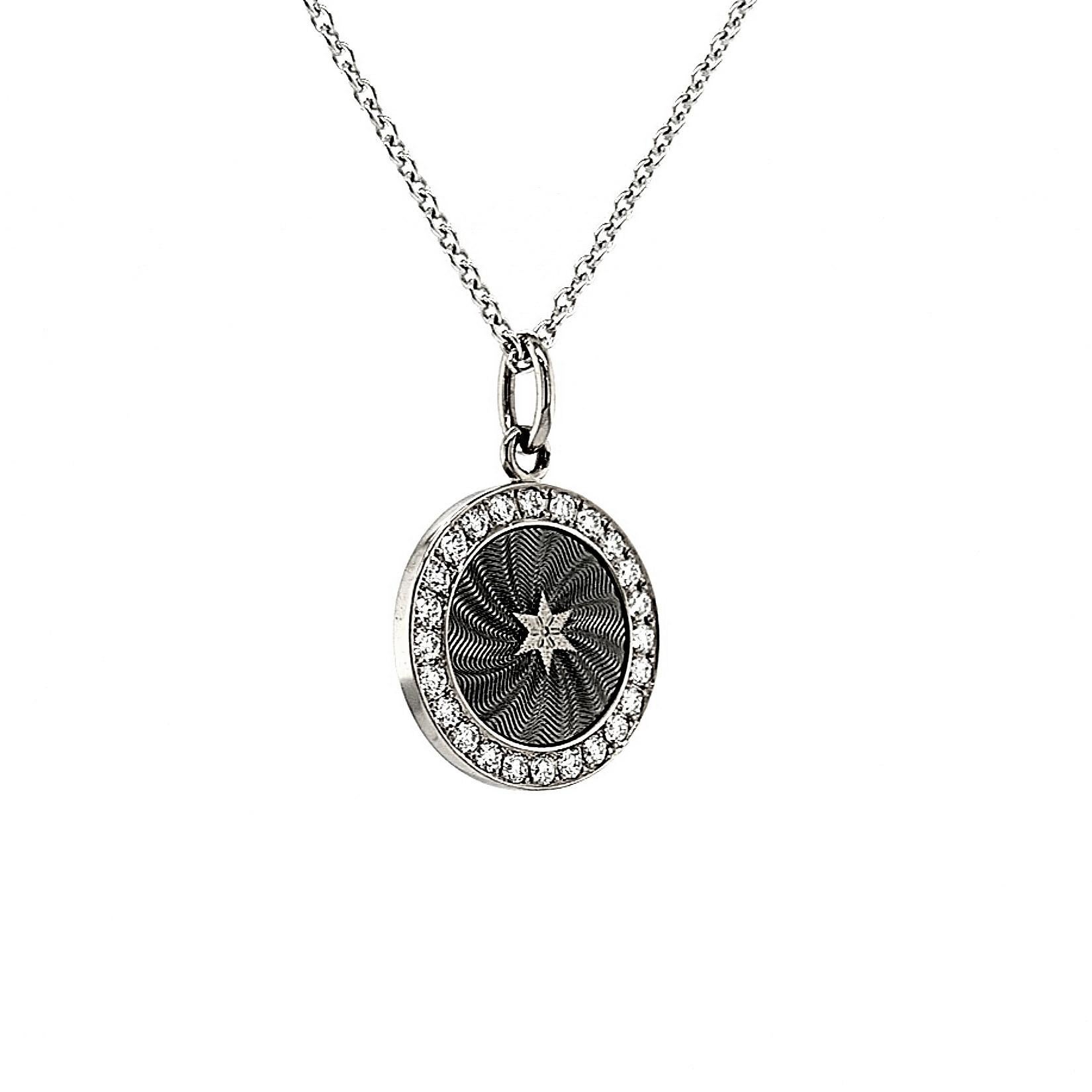 Round Disc Pendant with Star 18k White Gold Silver Enamel 24 Diamonds 0.36 ct For Sale 6