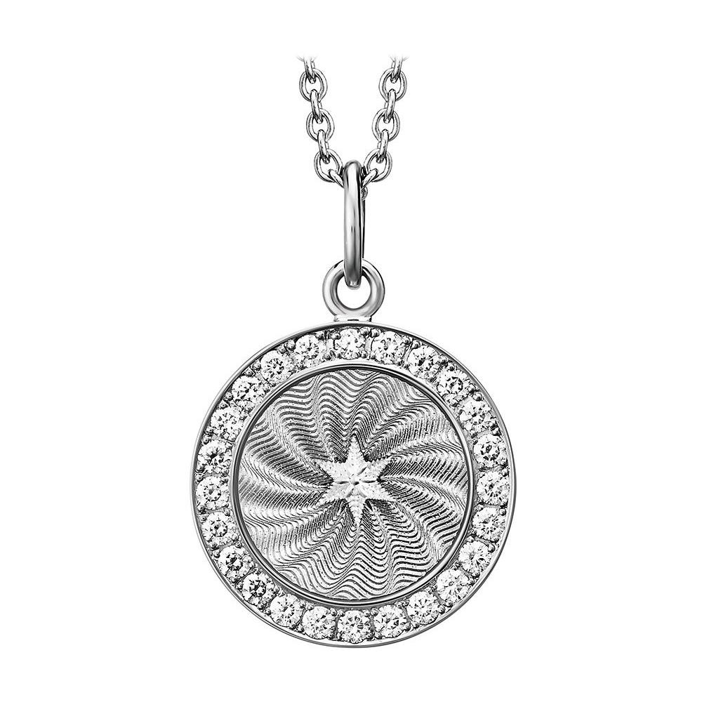 Round Disc Pendant with Star 18k White Gold Silver Enamel 24 Diamonds 0.36 ct For Sale