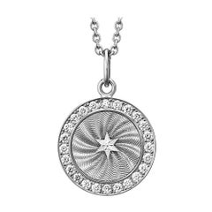 Round Disc Pendant with Star 18k White Gold Silver Enamel 24 Diamonds 0.36 ct