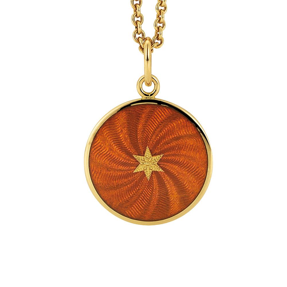 Round disk pendant 18k yellow gold, Diskos Collection, translucent autumn yellow vitreous enamel, guilloche, gold paillons,  diameter app. 15.0 mm 

About the creator Victor Mayer
Victor Mayer is internationally renowned for elegant timeless designs