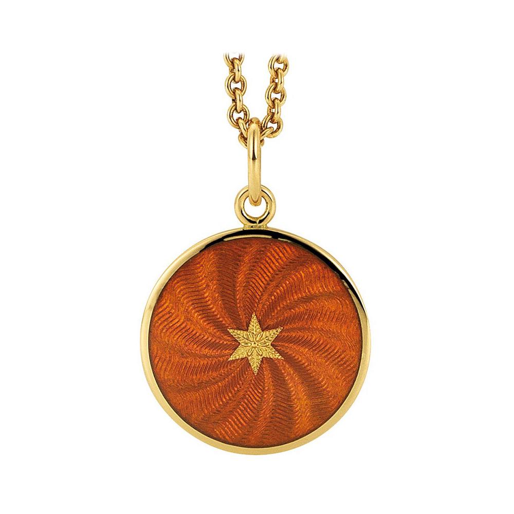 Round Disk Pendant 18k Yellow Gold Autumn Yellow Enamel Guilloche Gold Paillons