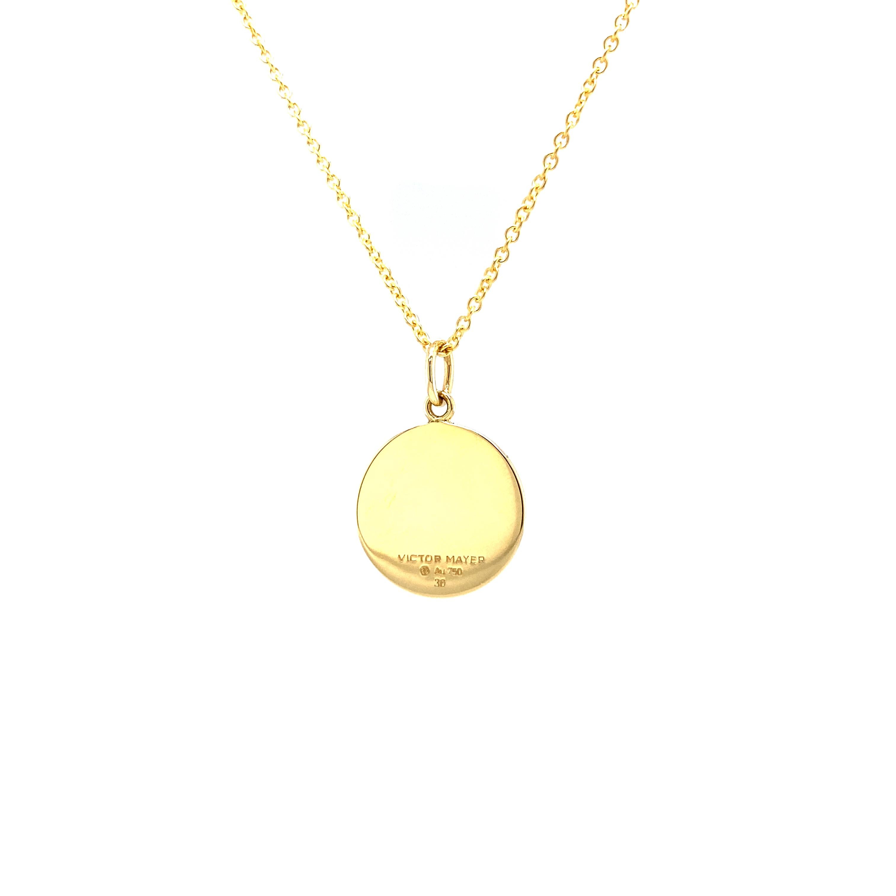 Round Disk Pendant 18k Yellow Gold - Blue Enamel Guilloche Paillons For Sale 1