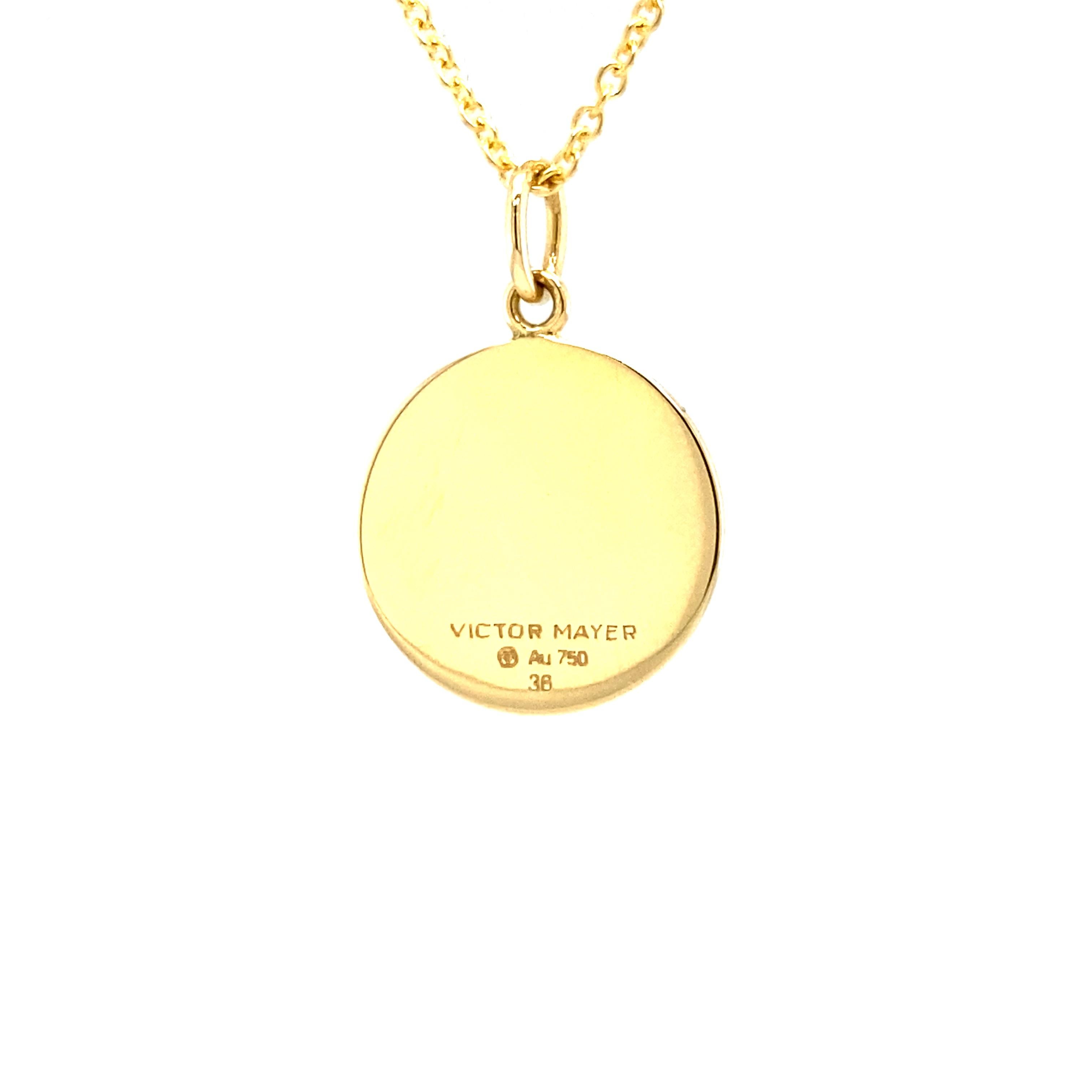 Women's Round Disk Pendant 18k Yellow Gold - Blue Enamel Guilloche Paillons For Sale