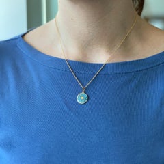 Round Disk Pendant 18k Yellow Gold - Blue Enamel Guilloche Paillons