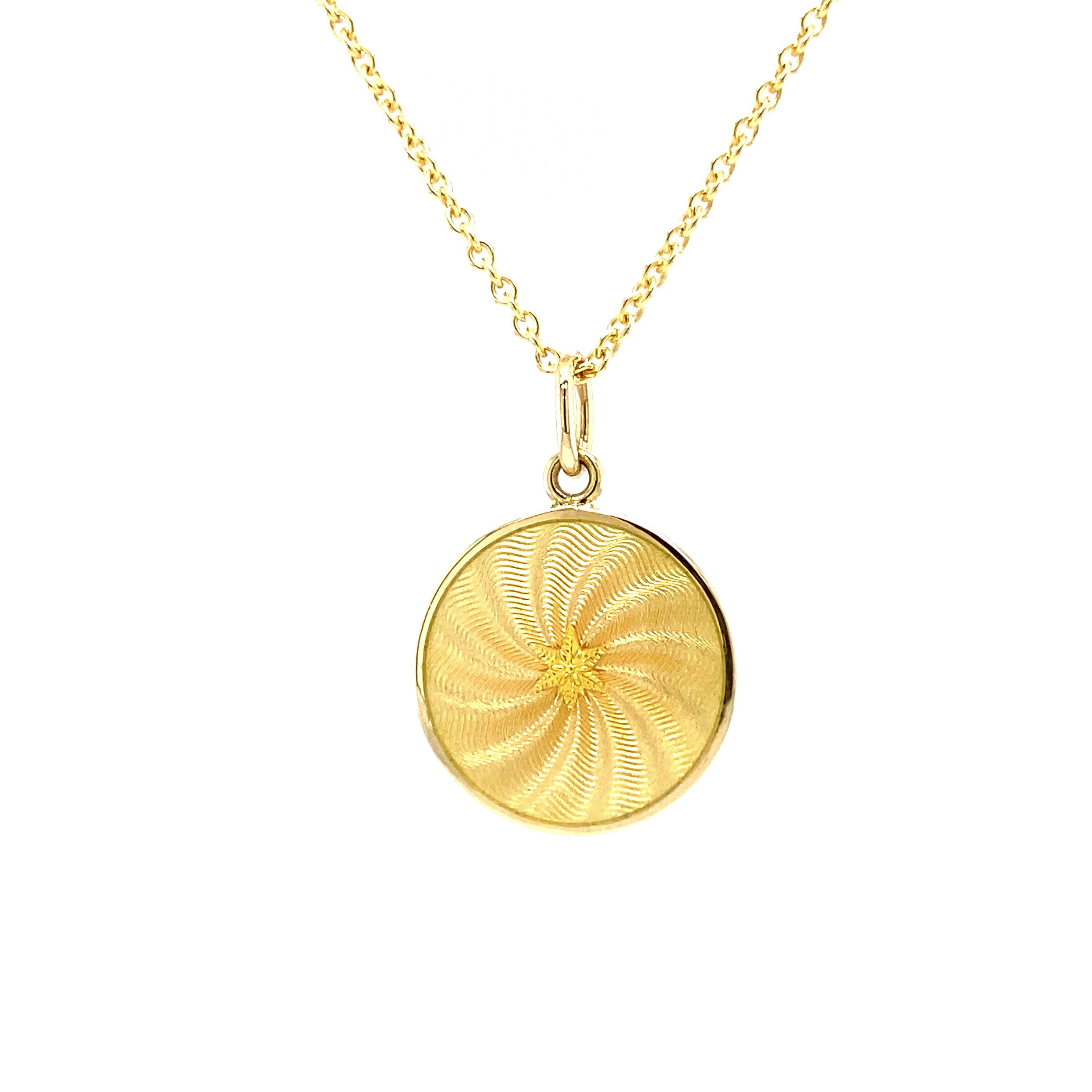 Victorian Round Disk Pendant 18k Yellow Gold Yellow Vitreous Enamel Guilloche Paillons For Sale