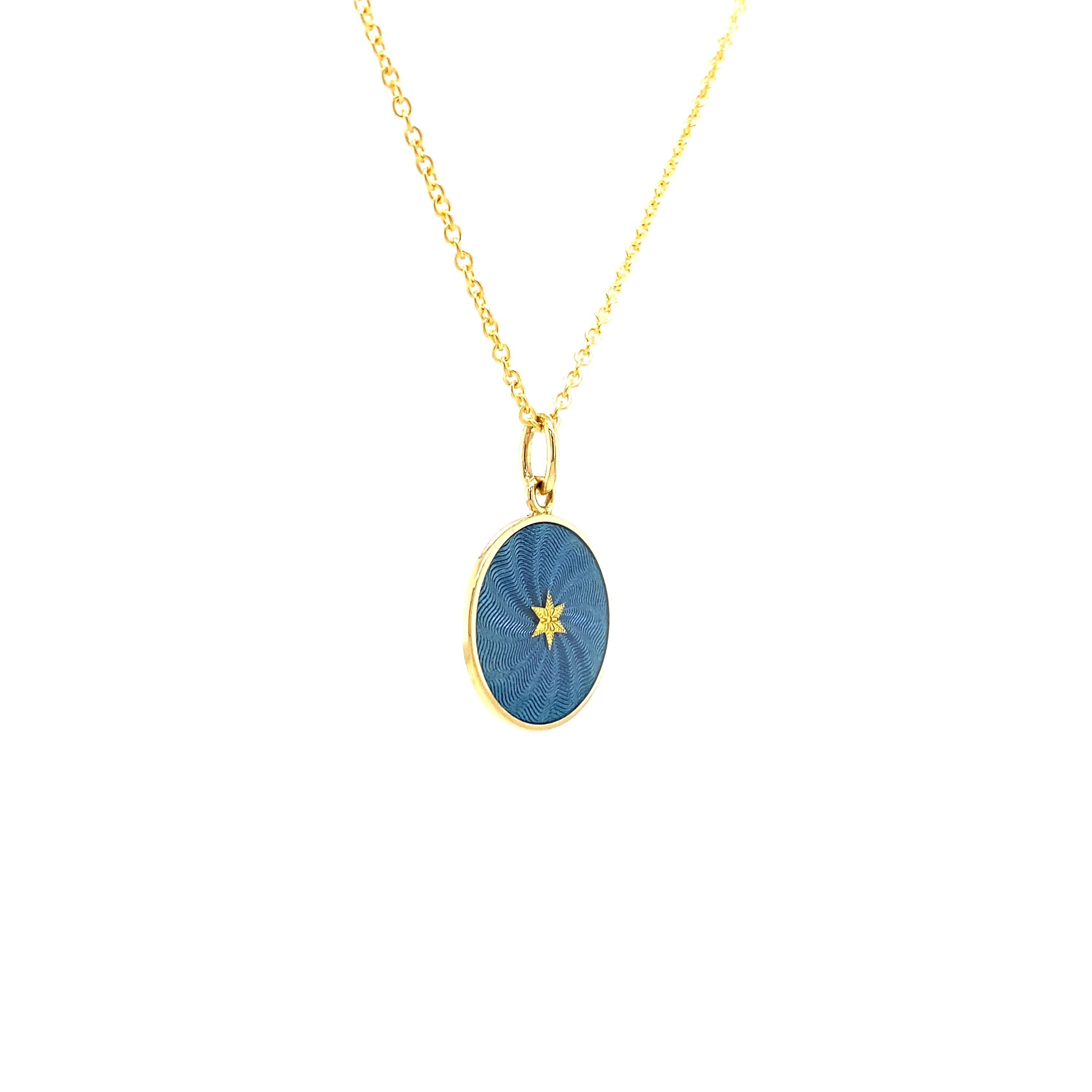 Round Disk Pendant 18k Yellow Gold - Blue Enamel Guilloche Paillons For Sale 3