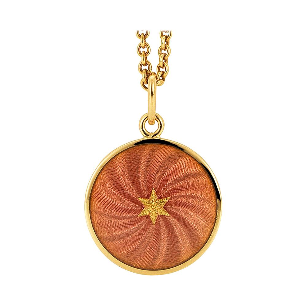 Round Disk Pendant 18k Yellow Gold Pink Vitreous Enamel Guilloche Gold Paillons