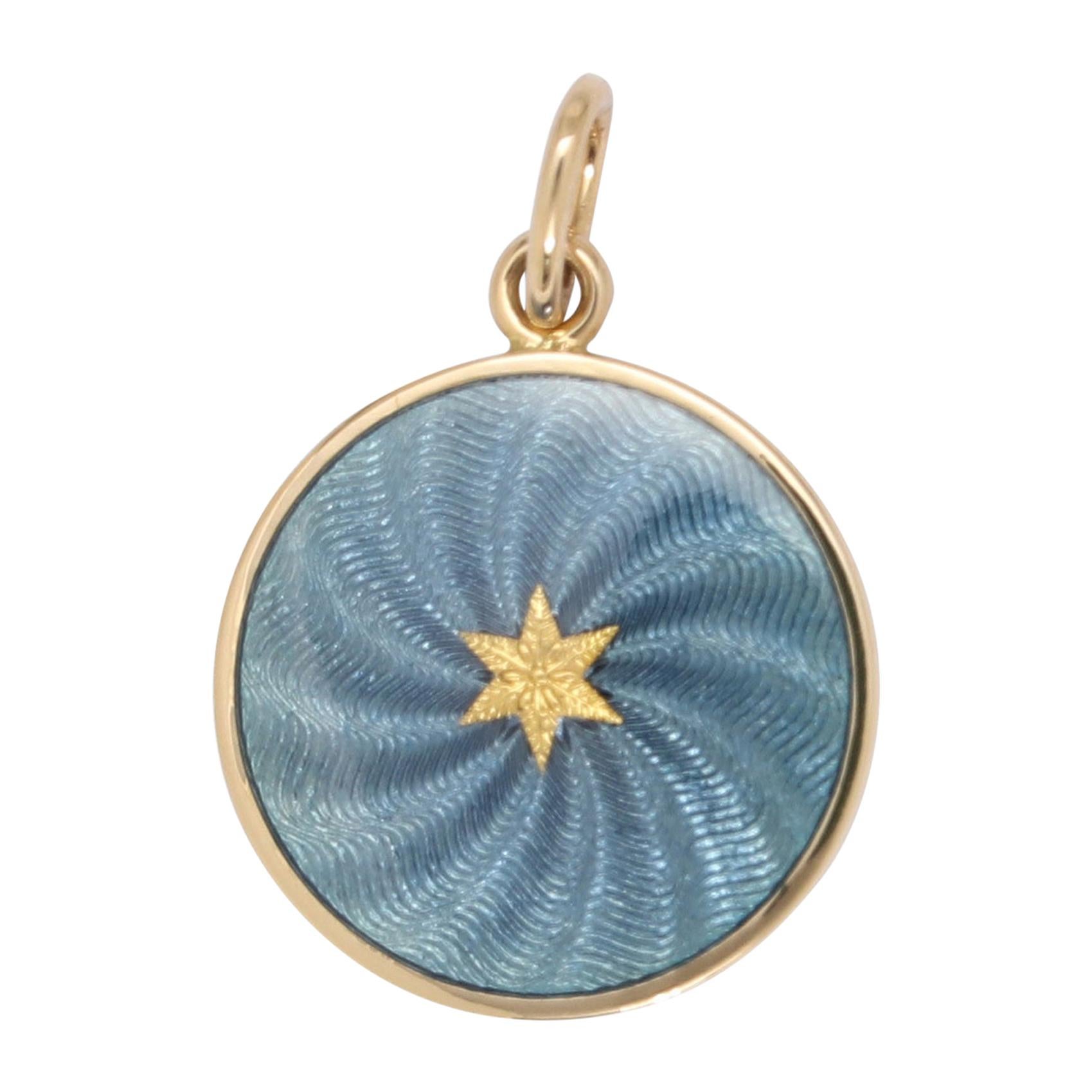 Pendentif disque rond guilloché en or jaune 18 carats - émail bleu