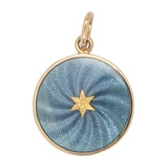 Round Disk Pendant 18k Yellow Gold Blue Vitreous Guilloche Enamel & 6-Rayed Star