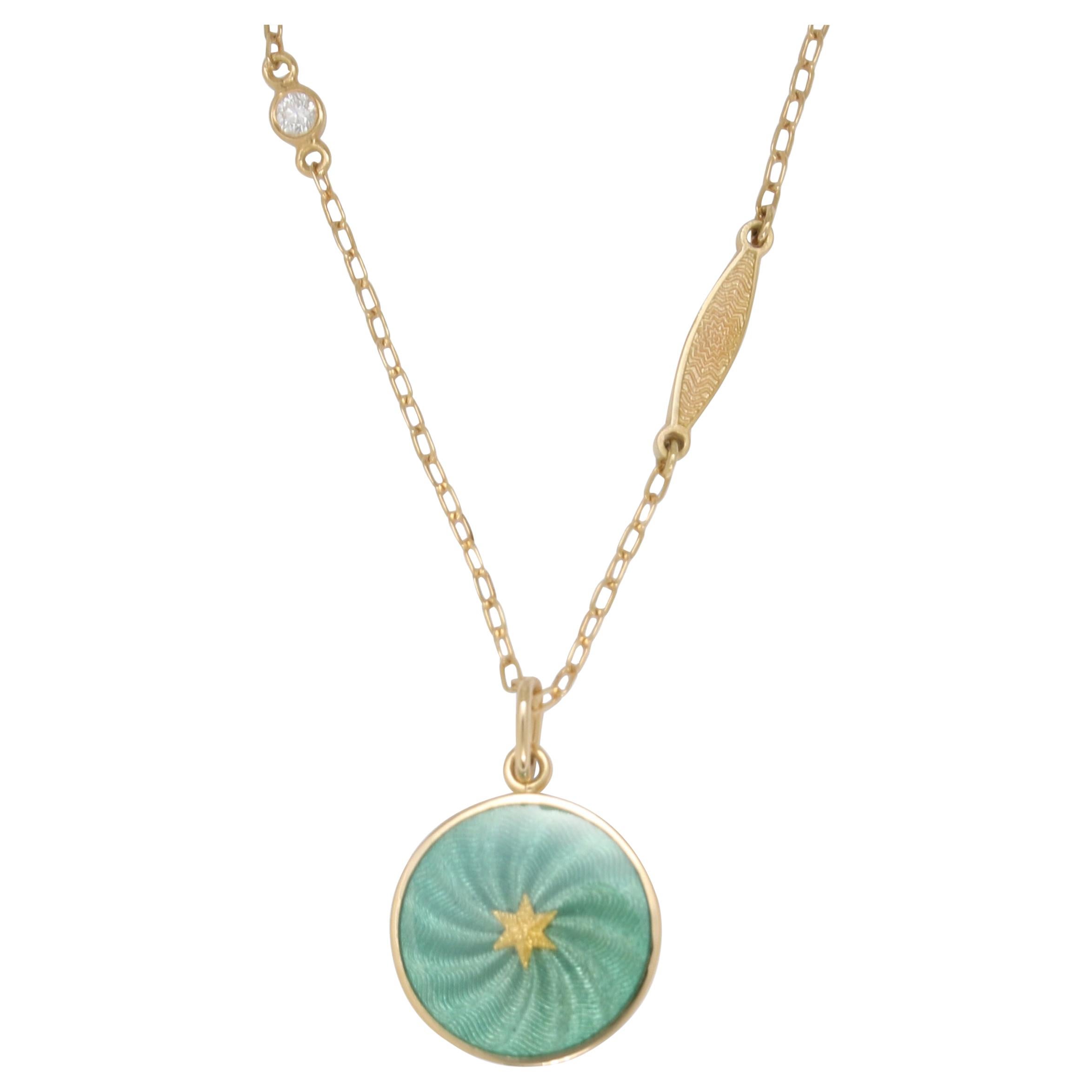 Round Disk Pendant 18k Yellow Gold Turquoise Enamel Guilloche Paillons  For Sale