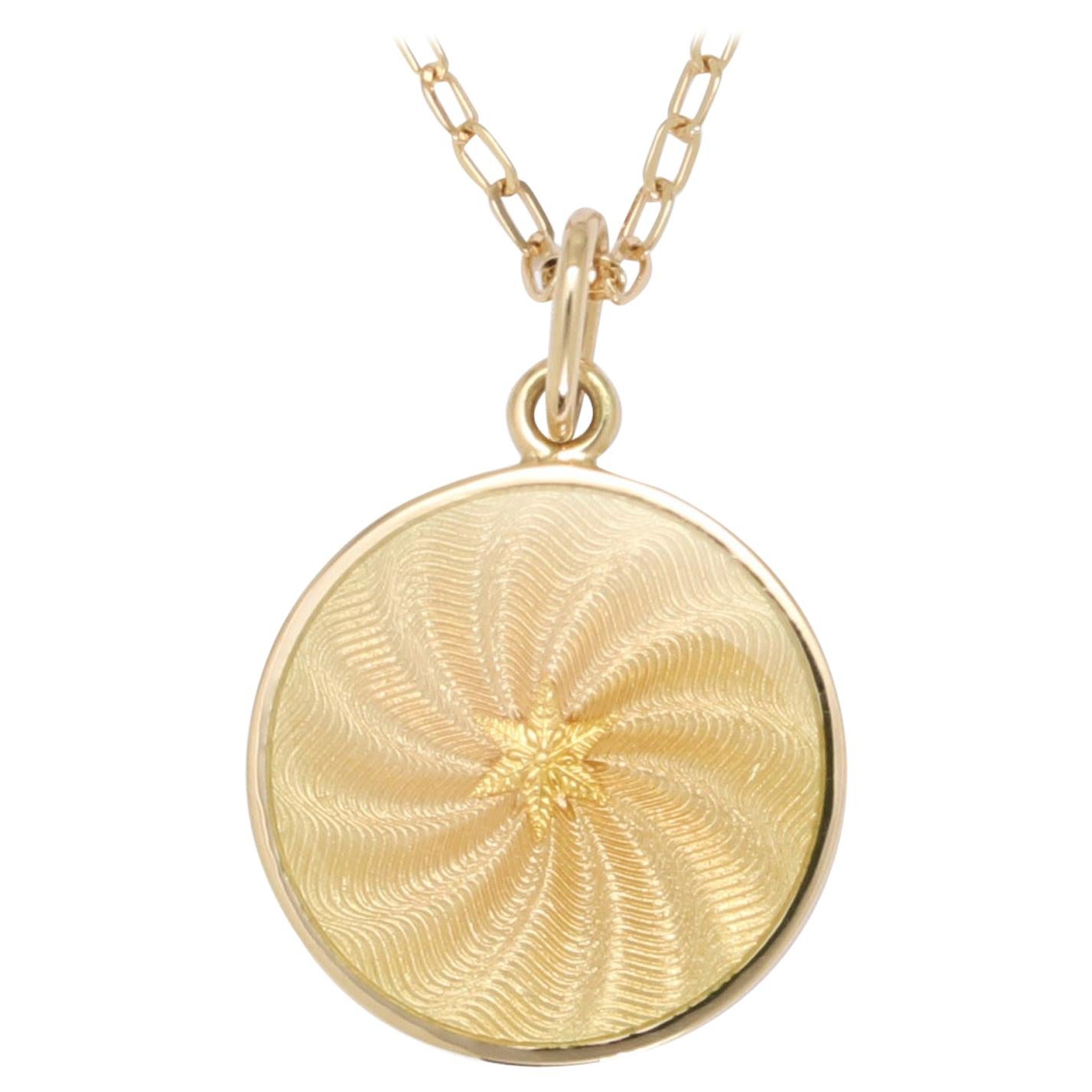 Round Disk Pendant 18k Yellow Gold Yellow Vitreous Enamel Guilloche Paillons For Sale