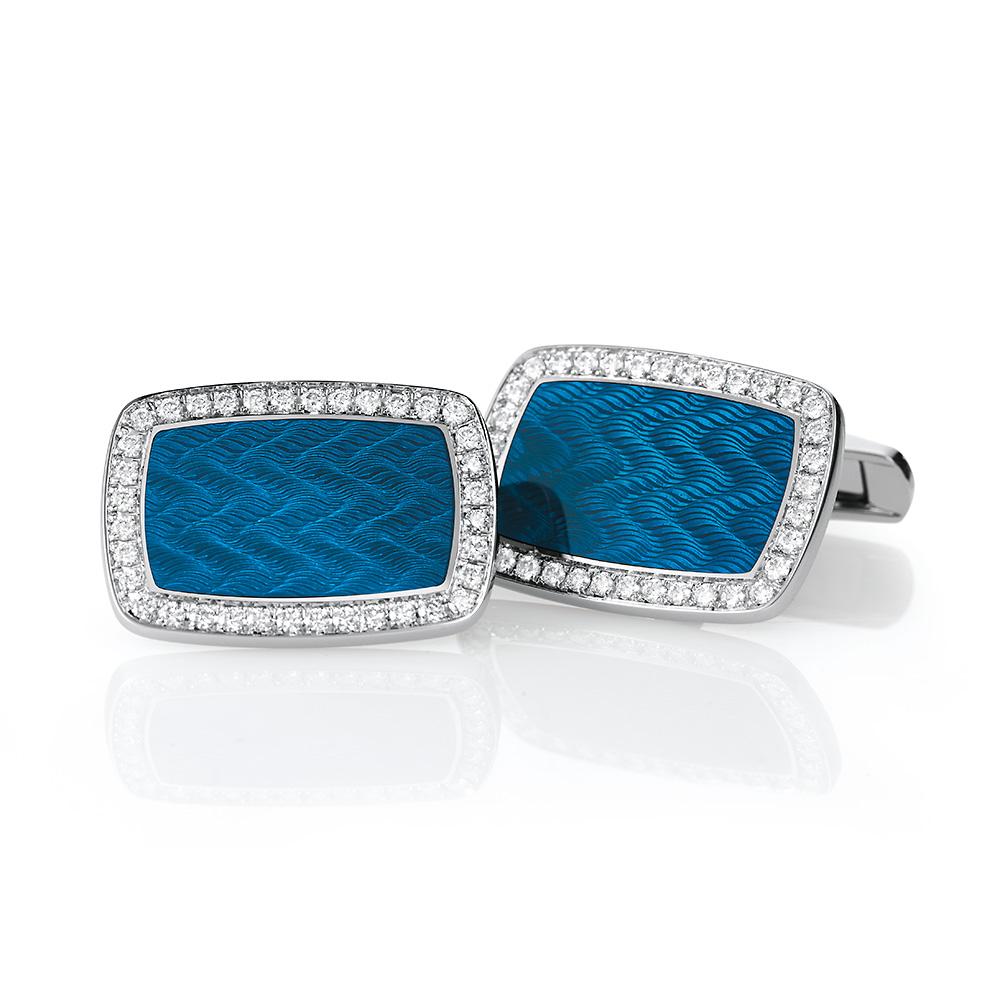 Victor Mayer Dorian blue enamel cufflinks in 18k white gold with diamonds

Cufflinks, 18k WG, vitreous enamel, 72 brilliant-cut diamonds total 0.72 ct, G VS
Reference: V1418/PE/00/00/101
Material: 18k white gold
Diamonds: 72 brilliant-cut diamonds