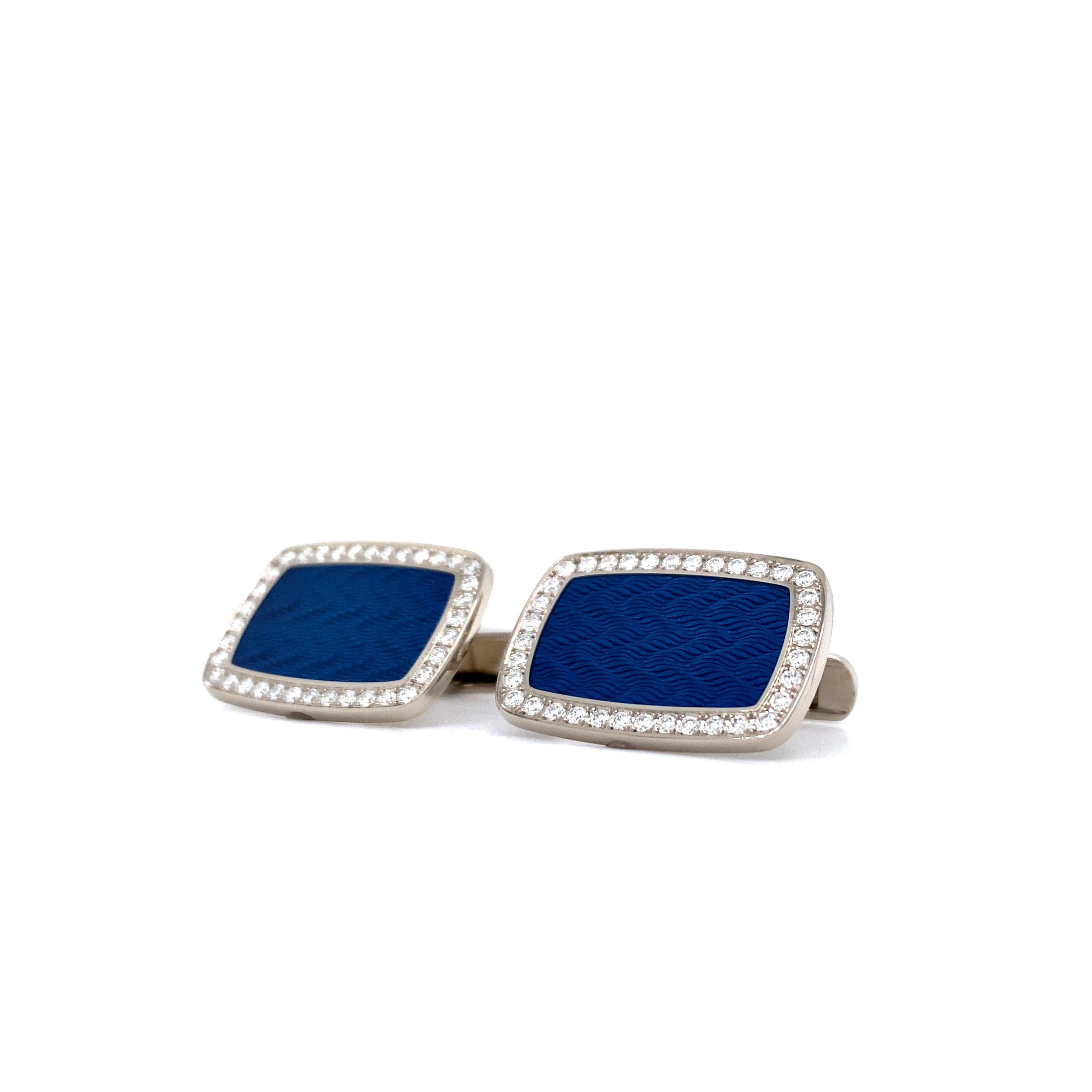 Victor Mayer Cufflinks Dorian Blue Enamel 18k White Gold 72 Diamonds 0.72 ct For Sale 2