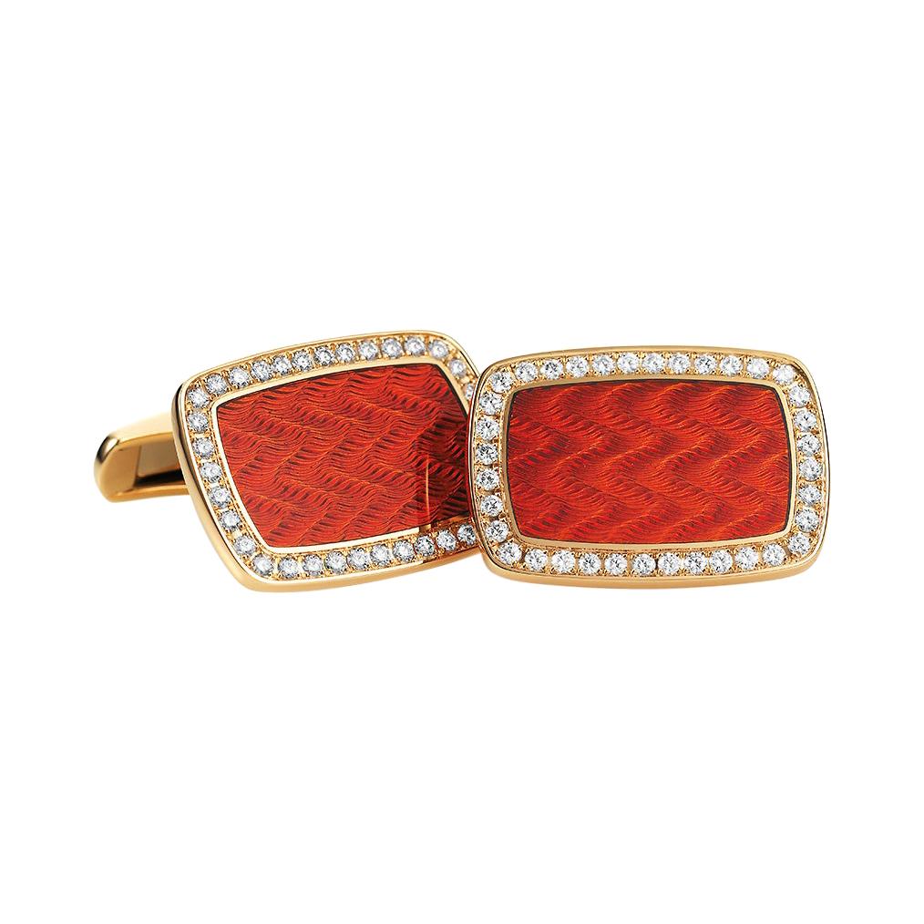 Victor Mayer Cufflinks Dorian Orange Enamel 18k Yellow Gold 72 Diamonds 0.72 ct For Sale