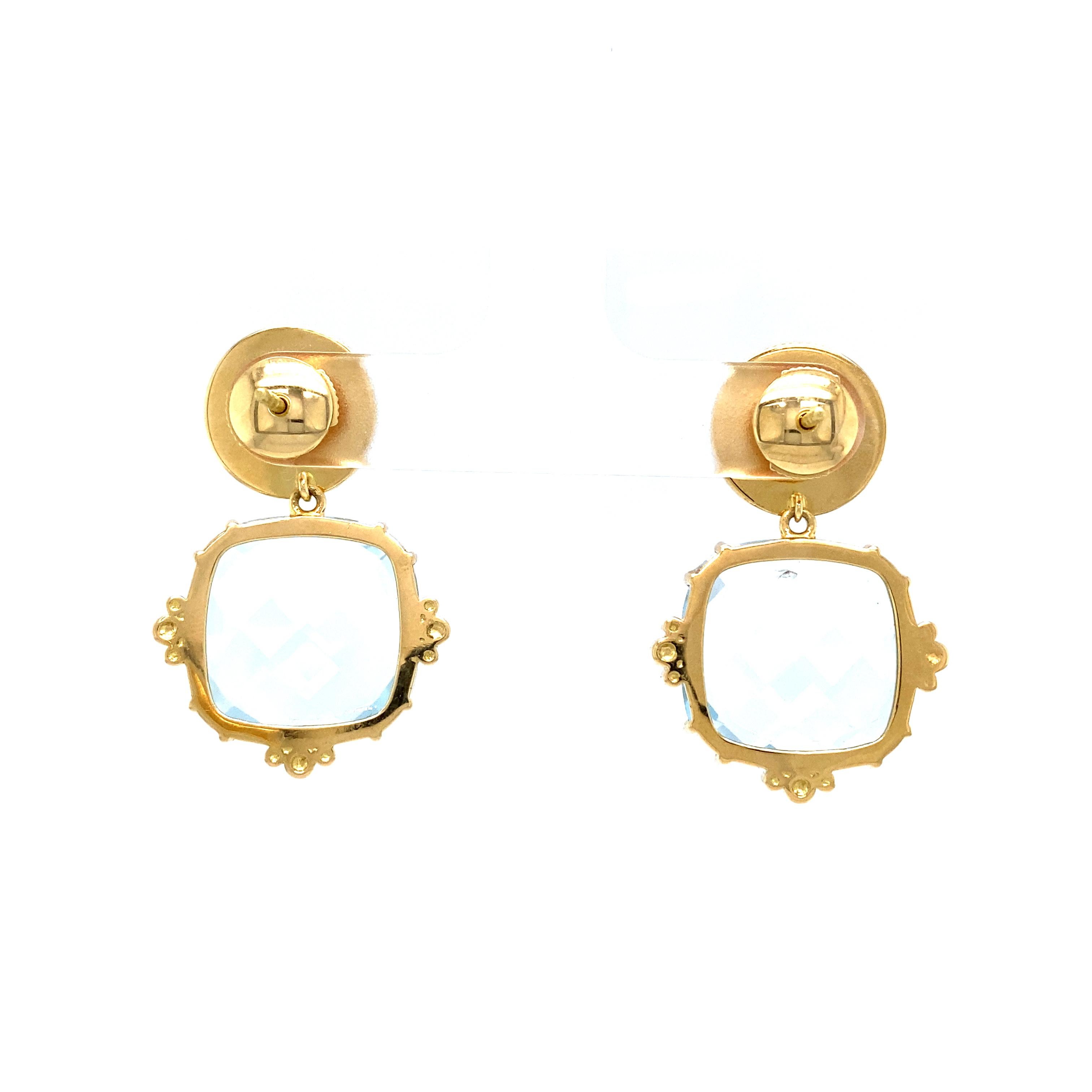 Drop Earrings 18k Yellow Gold Petrol Enamel Guilloche 6 Diamonds 2 Aquamarines For Sale 2