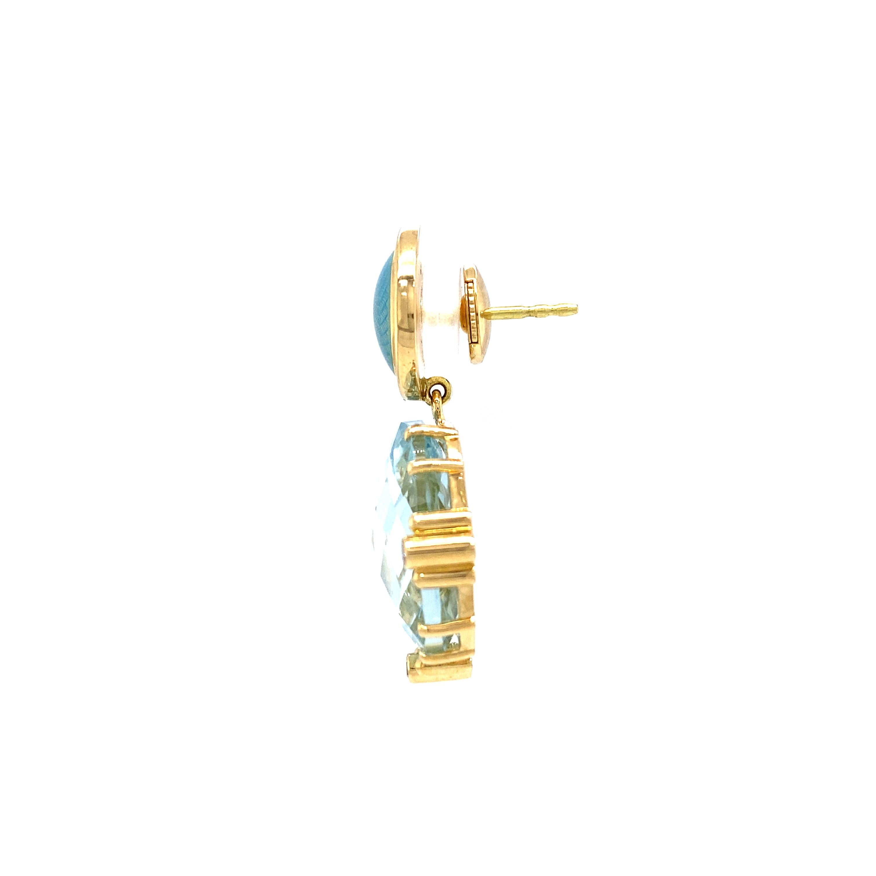 Drop Earrings 18k Yellow Gold Petrol Enamel Guilloche 6 Diamonds 2 Aquamarines For Sale 4