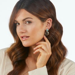 Drop Earrings 18k Yellow Gold Petrol Enamel Guilloche 6 Diamonds 2 Aquamarines