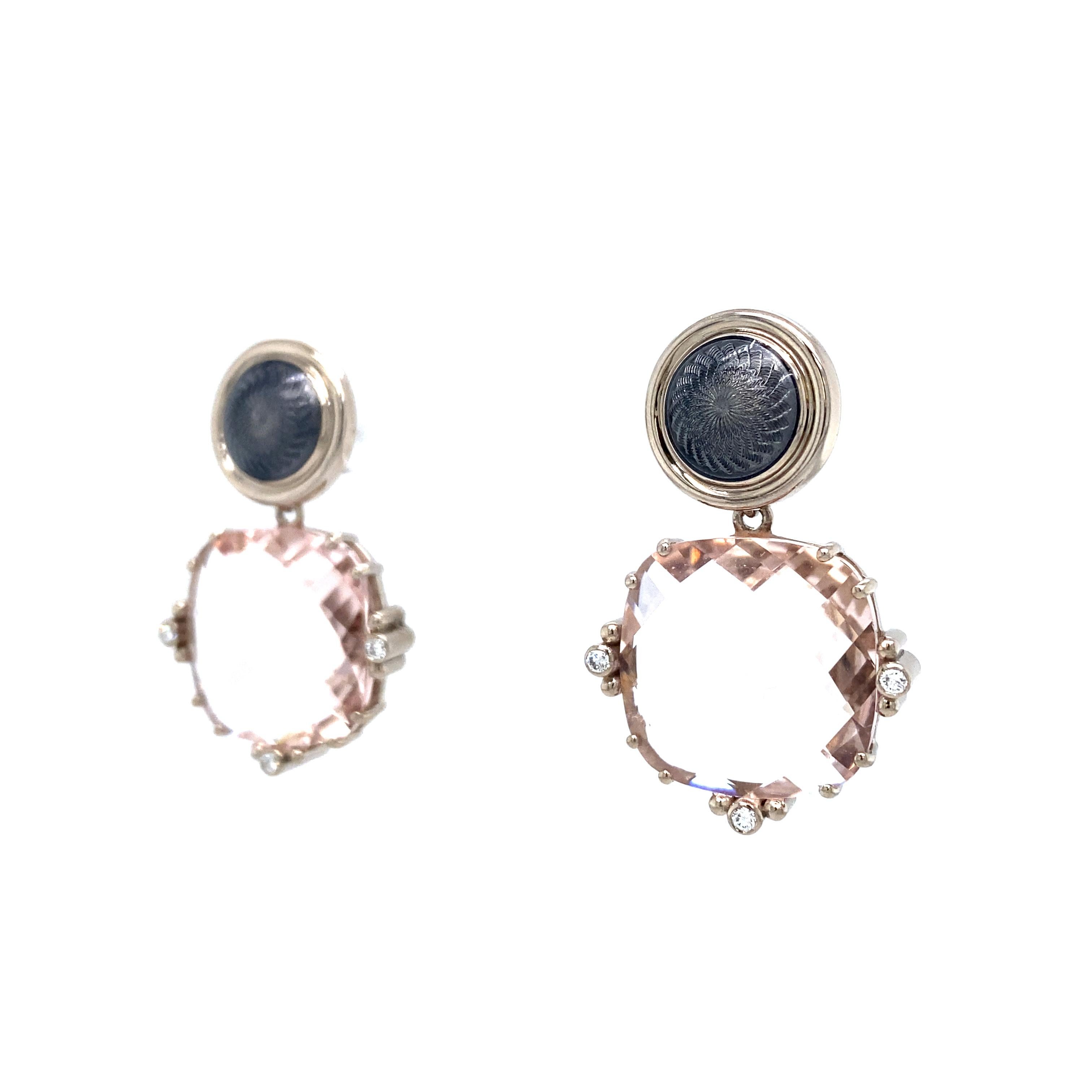 Drop Earrings 18k White Gold Grey Vitreous Enamel Guilloche 6 Diamonds Moonstone For Sale 4