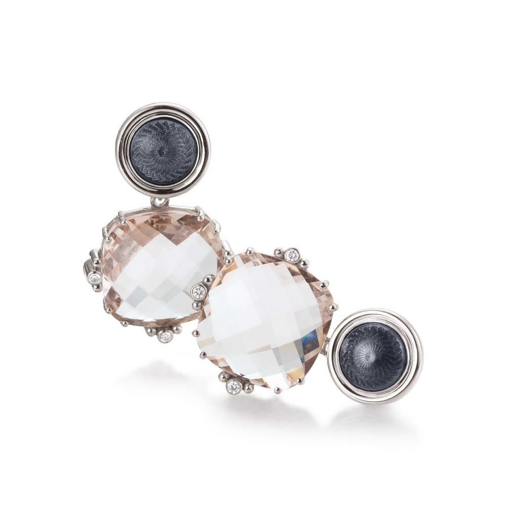 Contemporary Drop Earrings 18k White Gold Grey Vitreous Enamel Guilloche 6 Diamonds Moonstone For Sale