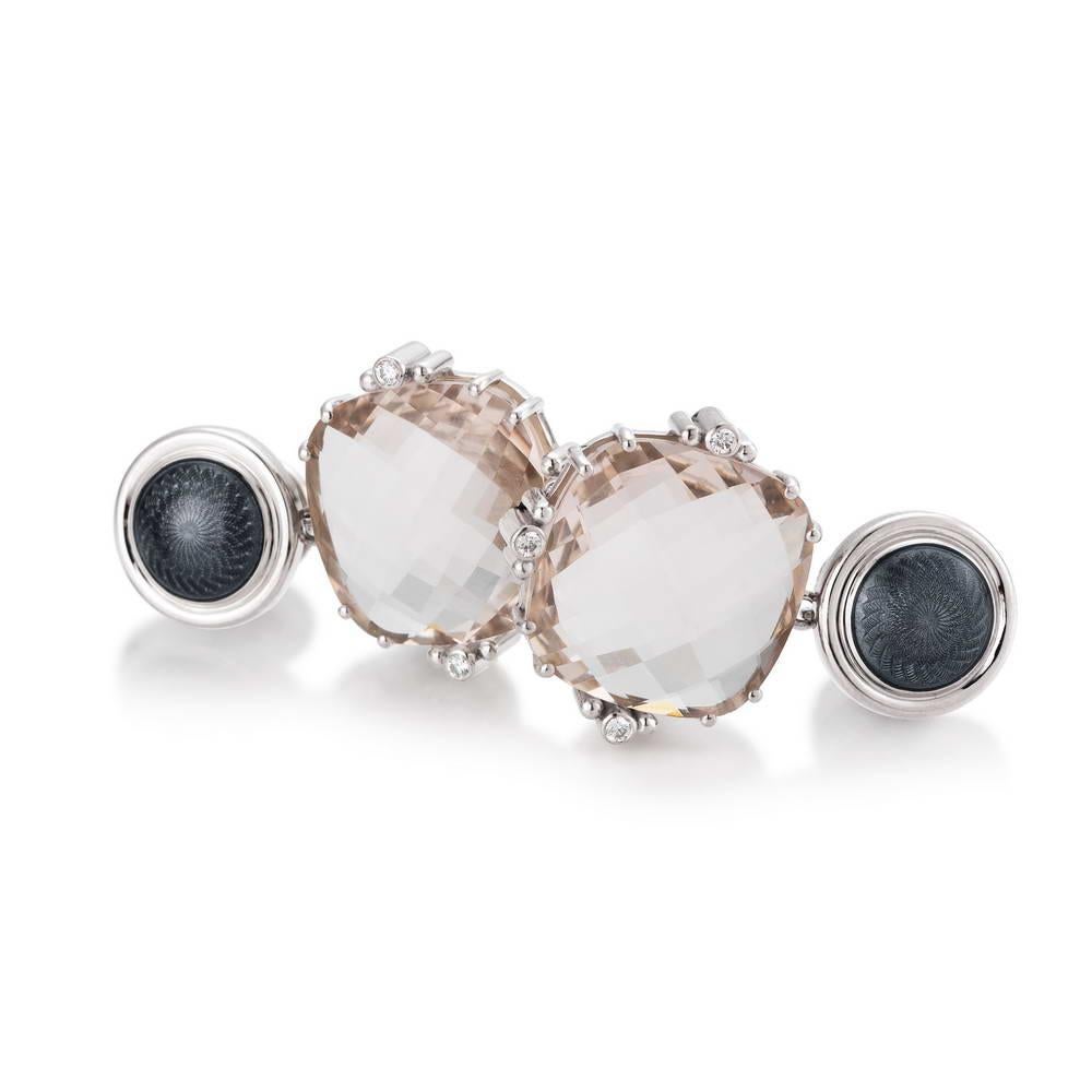 Briolette Cut Drop Earrings 18k White Gold Grey Vitreous Enamel Guilloche 6 Diamonds Moonstone For Sale