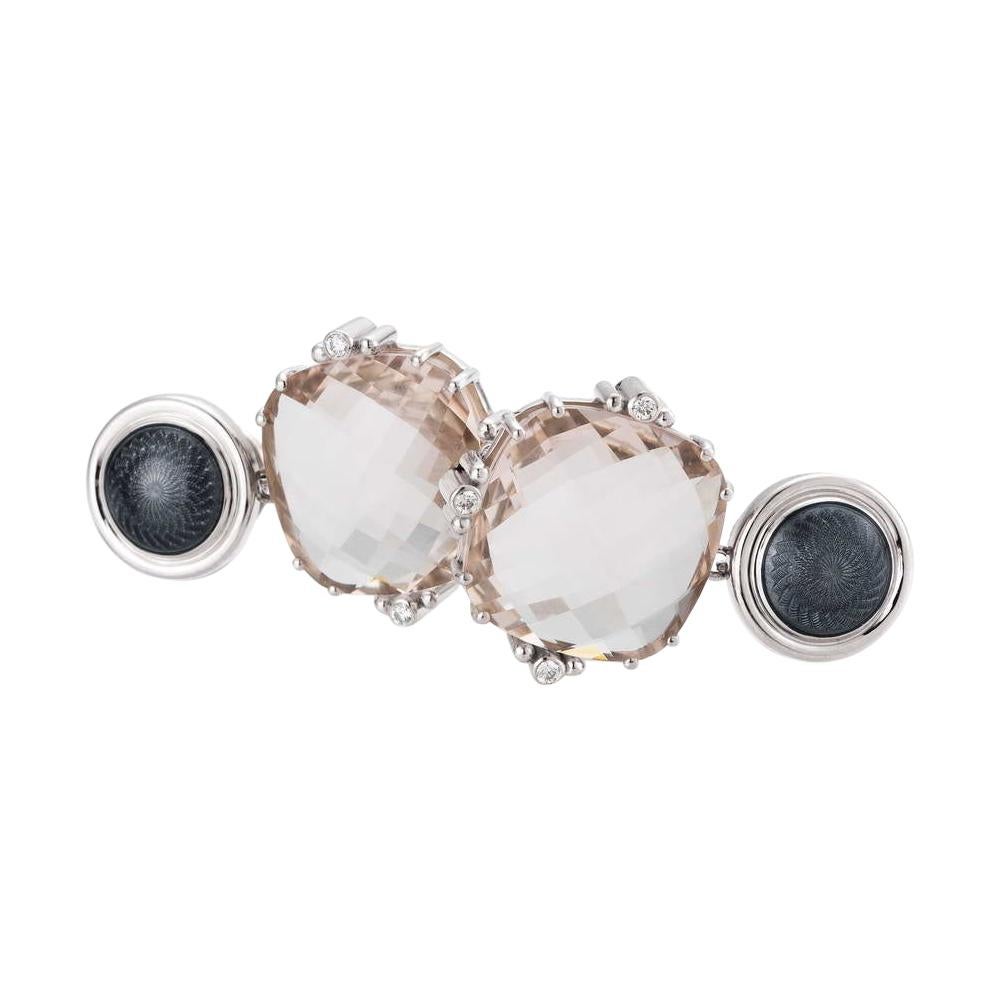 Drop Earrings 18k White Gold Grey Vitreous Enamel Guilloche 6 Diamonds Moonstone For Sale