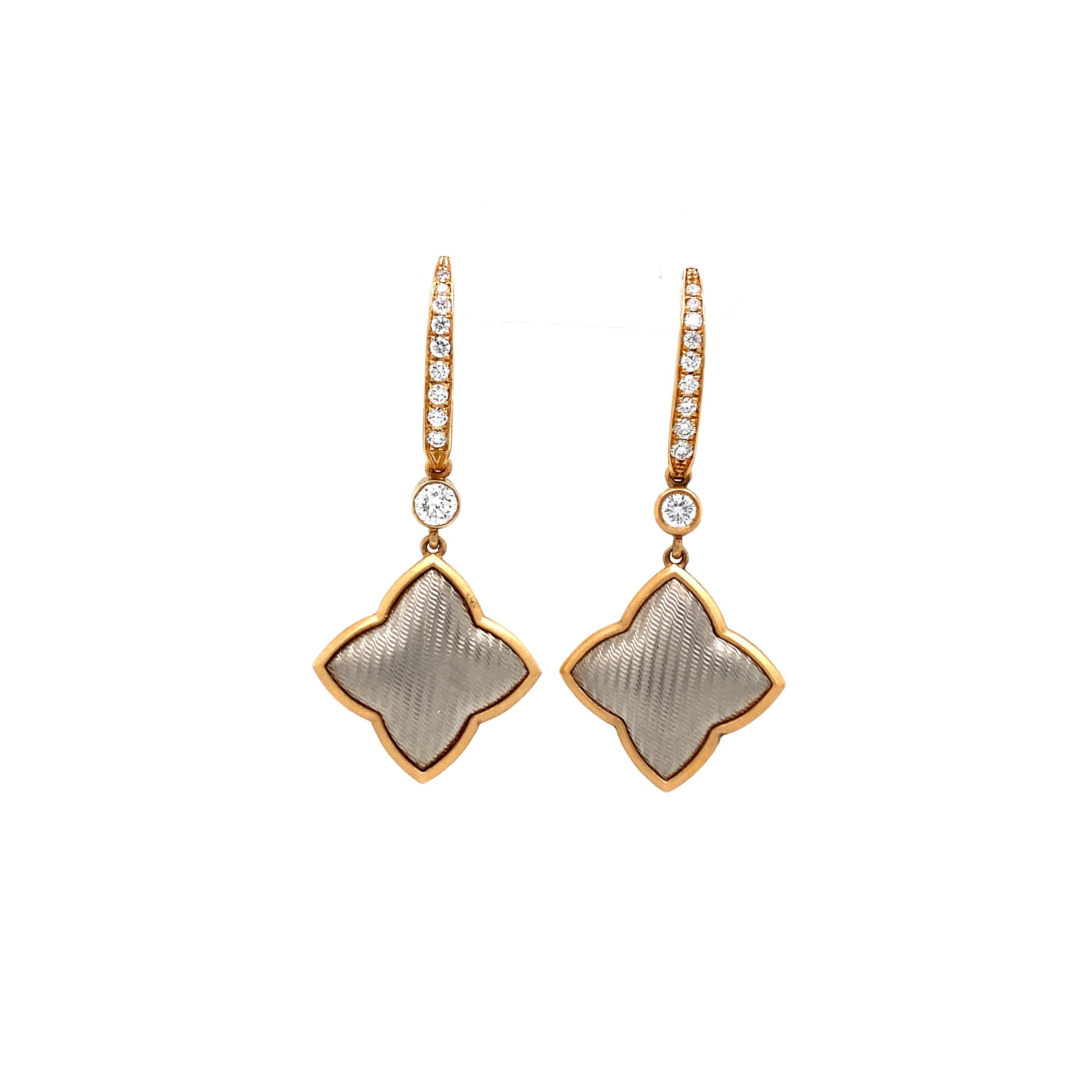 Victor Mayer structured pointed quatrefoil dangle earrings 18k rose gold and white gold, Eloise collection, 20 diamonds, total 0.27 ct, G VS, brilliant cut, height app. 36.0 mm

About the creator Victor Mayer 
Victor Mayer is internationally