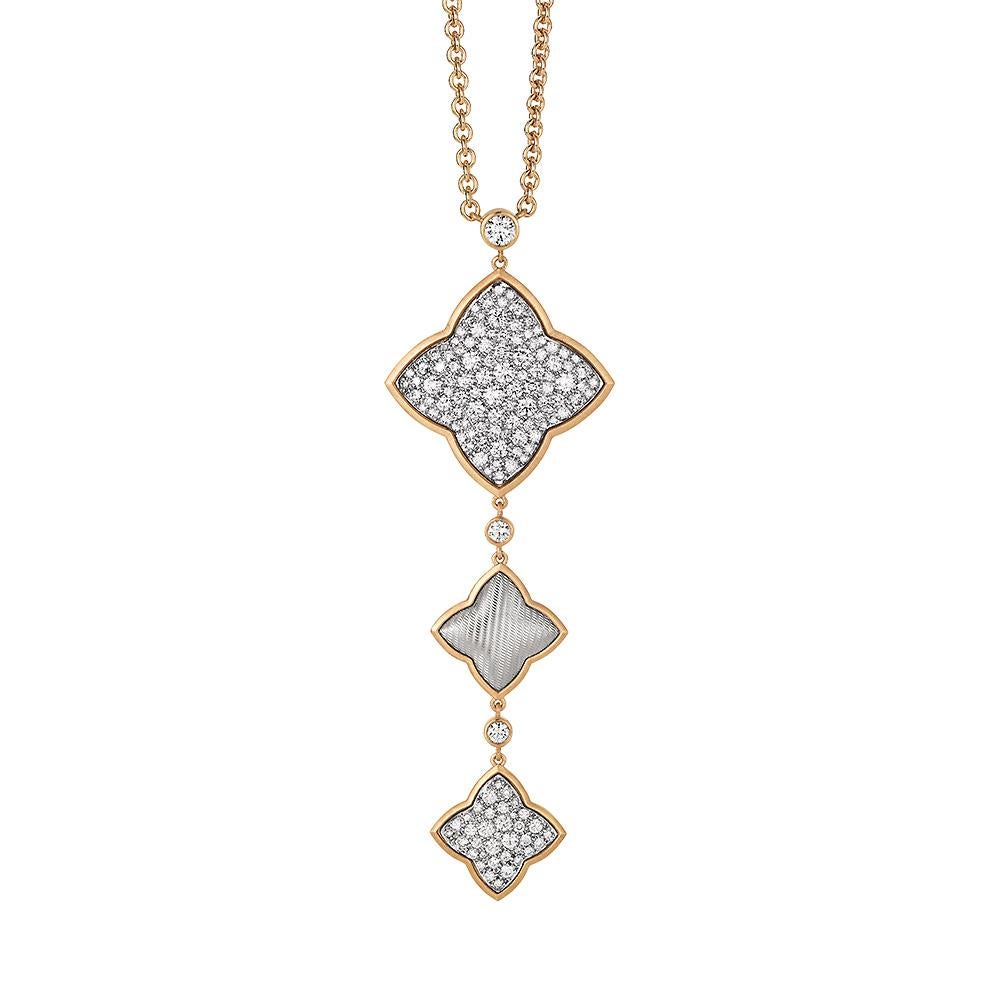 Collier Quatrefoil en or rose 18 carats et or blanc 144 diamants de 2,34 carats de hauteur 79,5 mm en vente