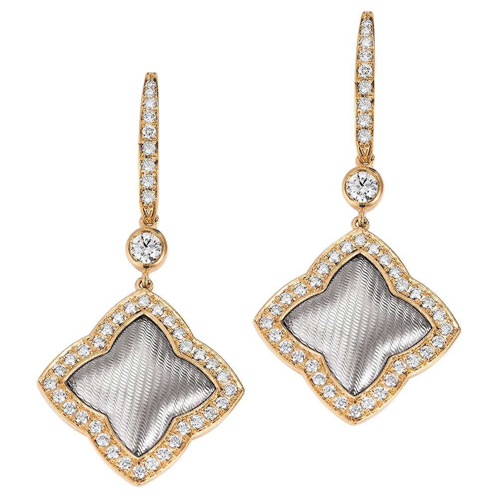 Quatrefoil Dangle Earrings 18k Rose/White Gold 84 Diamonds 0.99 ct Diameter 11.6 For Sale