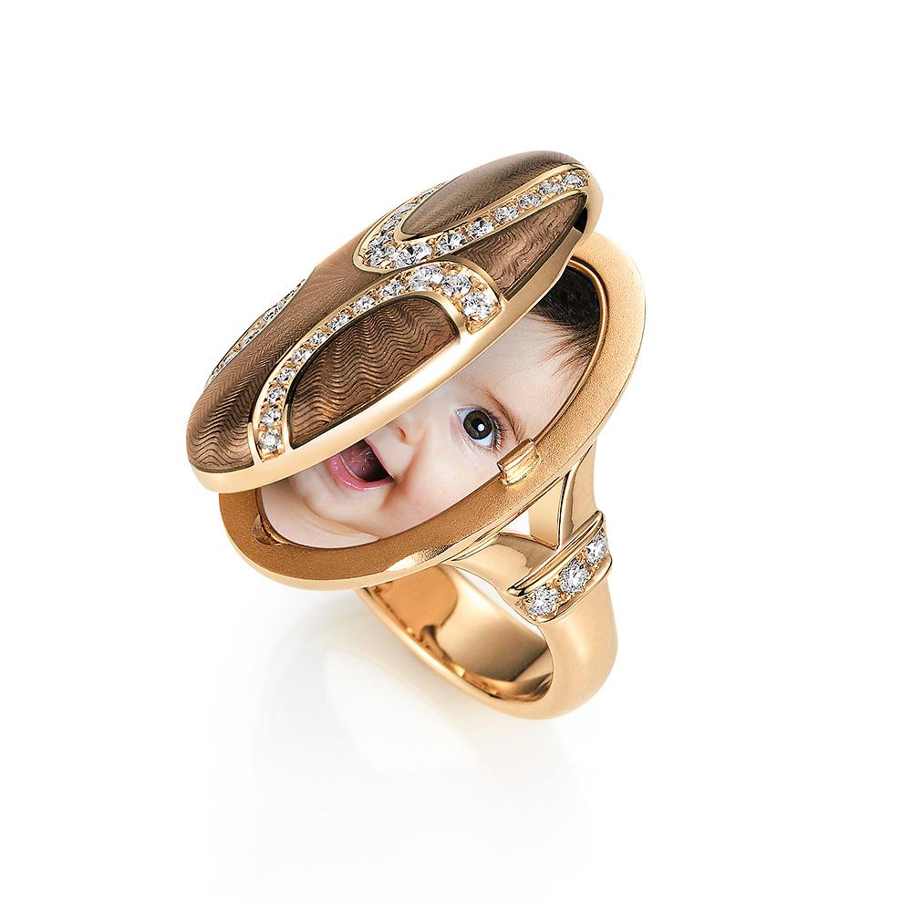 Brilliant Cut Victor Mayer Locket Ring Light Grey Enamel 18k Rose Gold 40 Diamonds 0.50 ct For Sale