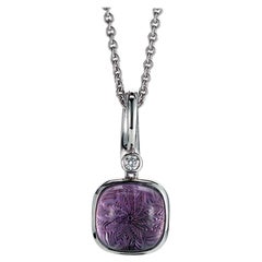 Amethyst Guilloche Cabochon Rounded Square Pendant in 18k White Gold Diamond