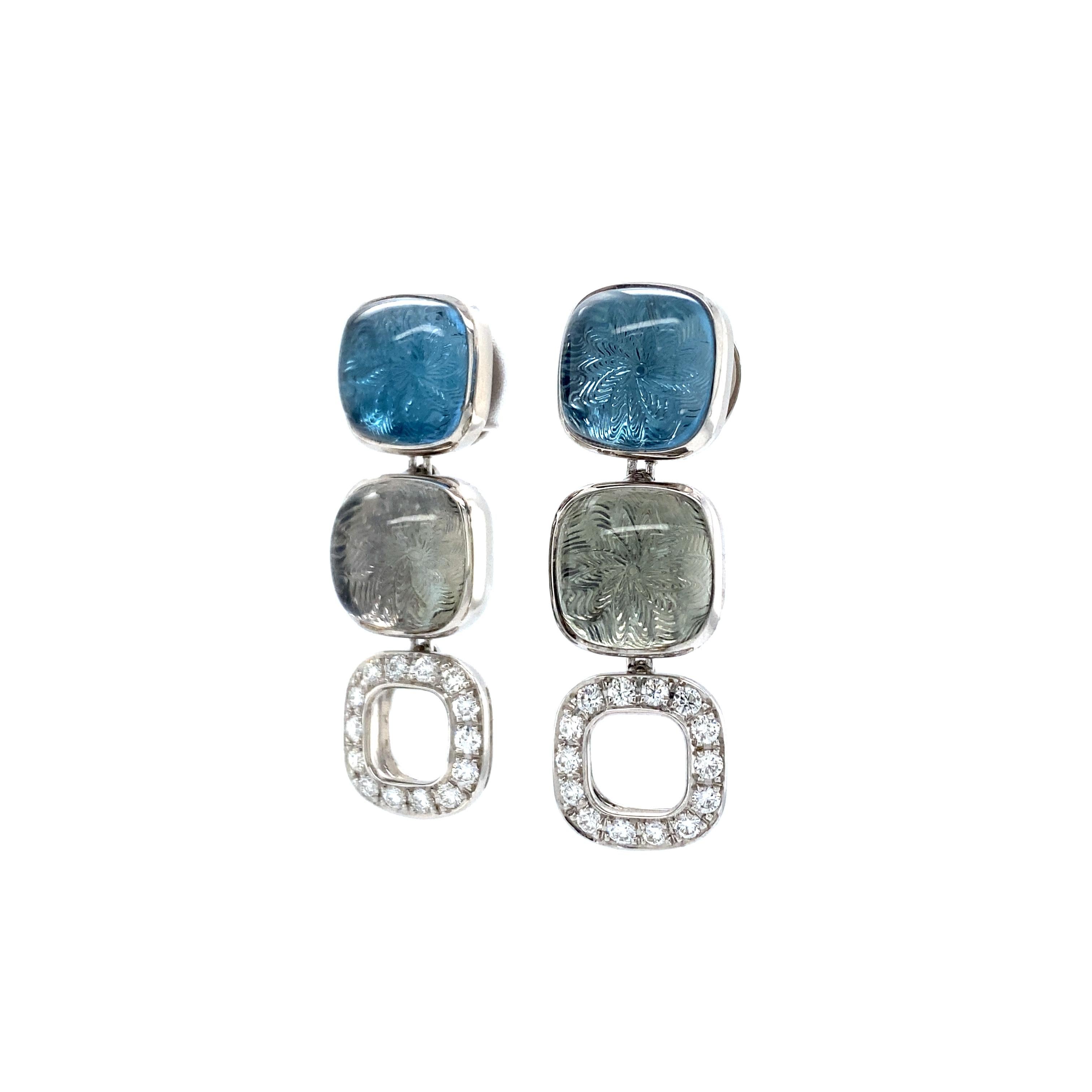 Orecchini pendenti quadrati in oro bianco 18k 28 diamanti 0,70 ct 2 topazi 2 prasiolite in vendita 6