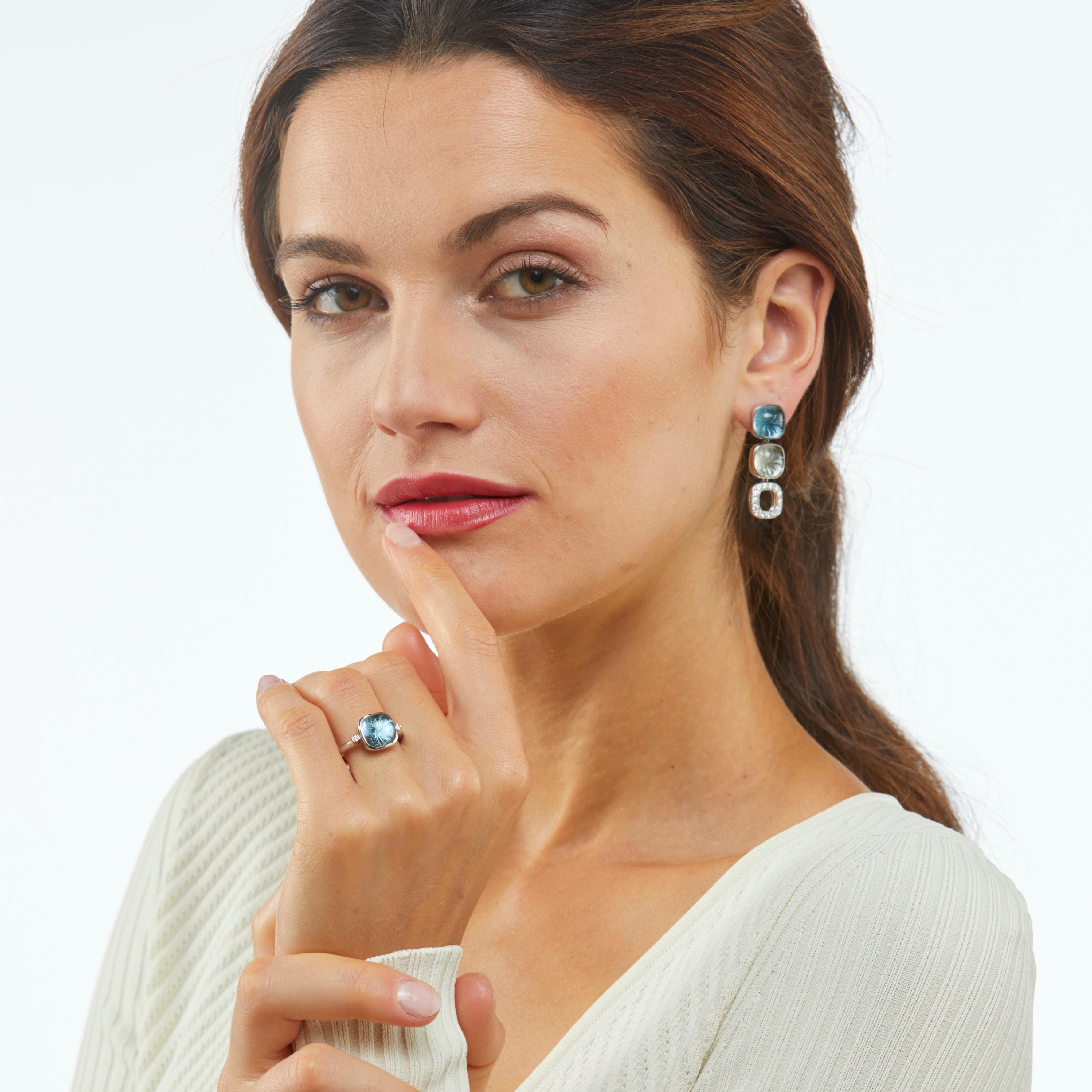 Cabochon Orecchini pendenti quadrati in oro bianco 18k 28 diamanti 0,70 ct 2 topazi 2 prasiolite in vendita