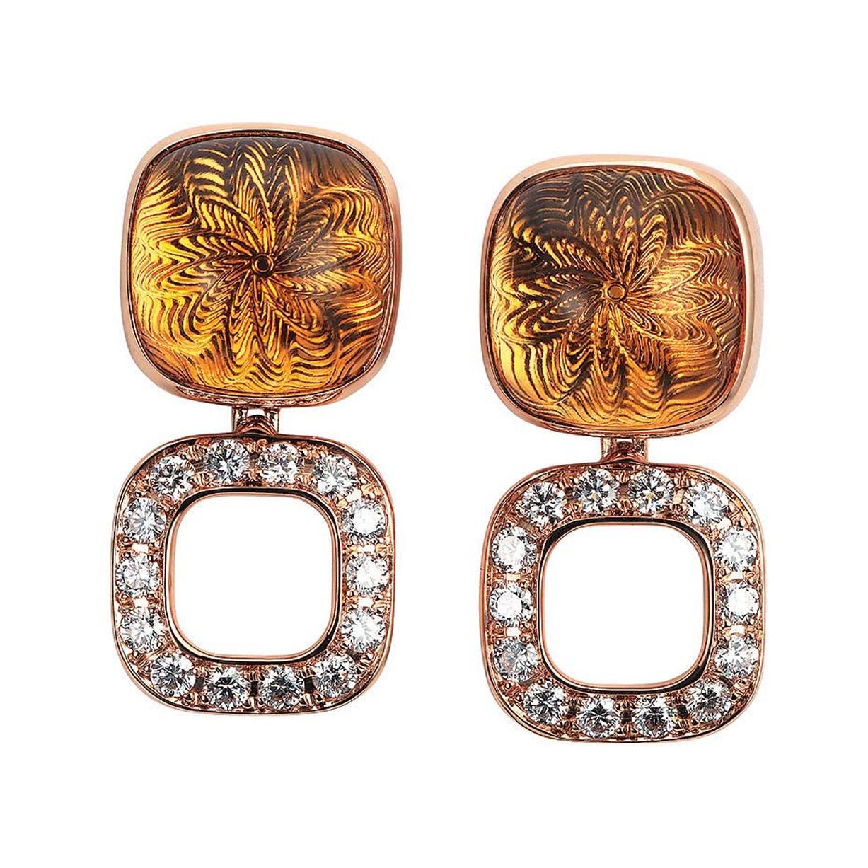 Boucles d'oreilles Victor Mayer en or 18 carats, citrine et or rose avec 28 diamants de 0,70 carat en vente