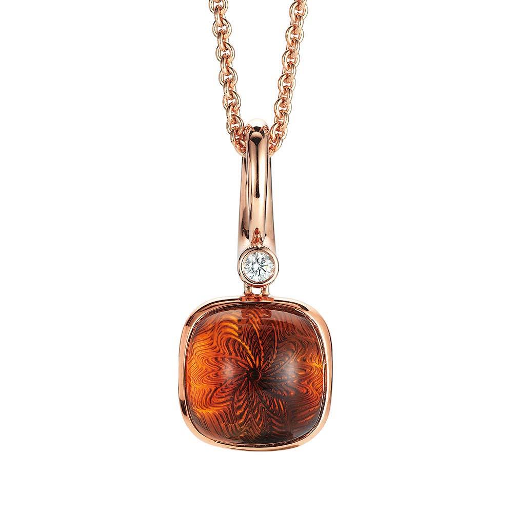 Victor Mayer square shaped pendant 18k rose gold, Era Collection, 1 diamond total 0.04 ct, G VS, brilliant cut, 1 Madeira citrine cabochon, 18k disc with guilloche underneath the cabochon

About the creator Victor Mayer
Victor Mayer is