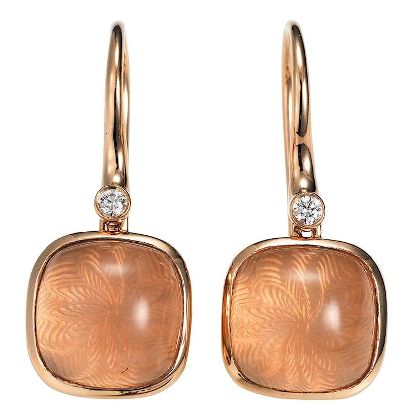Square Dangle Earrings 18k Rose Gold 2 Diamonds 0.06 ct 2 Rose Quartz Cabochon For Sale