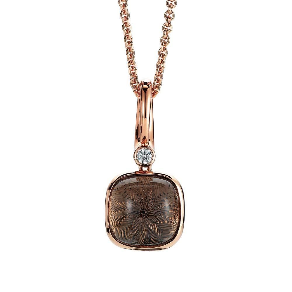 Victor Mayer square shaped pendant 18k rose gold, Era Collection, 1 diamond 0.04 ct, G VS, smoky Quartz Cabochon, 18k disc with guilloche underneath

About the creator Victor Mayer
Victor Mayer is internationally renowned for elegant timeless
