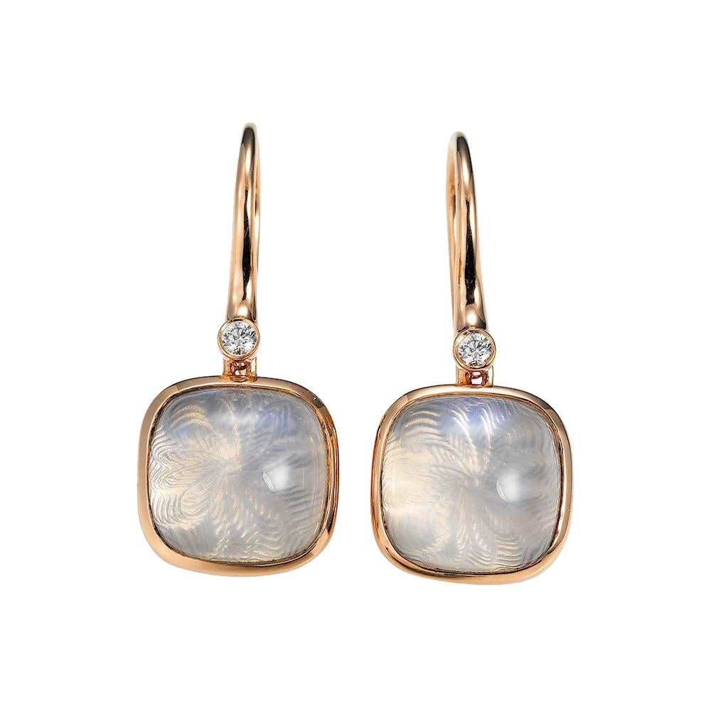 Square Drop Earrings 18k Rose Gold Guilloche Diamonds 0.06ct Moonstones Cabochon For Sale