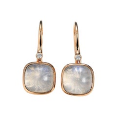 Square Drop Earrings 18k Rose Gold Guilloche Diamonds 0.06ct Moonstones Cabochon
