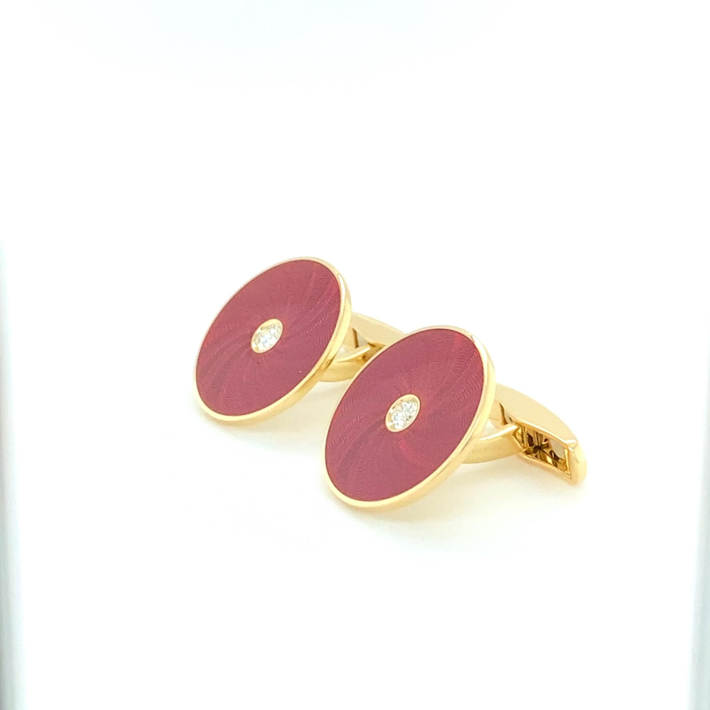 Brilliant Cut Round Cufflinks 18k Yellow Gold Raspberry Red Guilloche Enamel 2 Diamonds 0.26ct For Sale