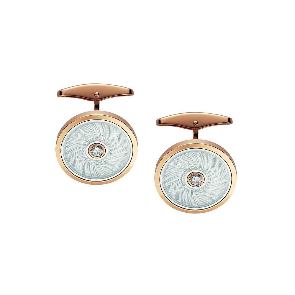 Victor Mayer Cufflinks Globetrotter Round 18k Rose Gold 2 Diamonds White Enamel